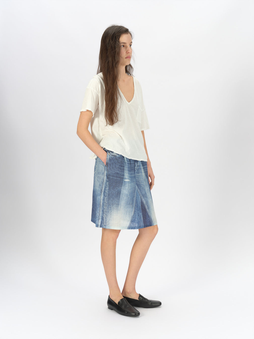 Denim-Print Ramie Midi Skirt