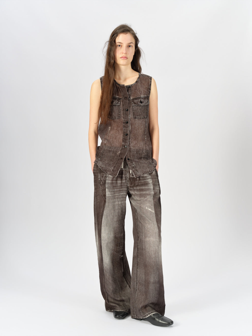 Longline Denim-Print Ramie Tank