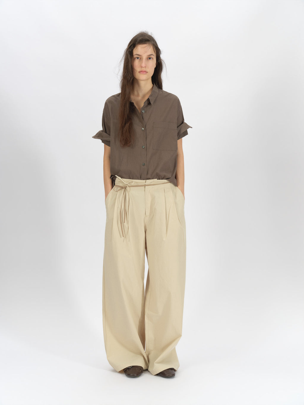 Bicolor-Belted Cotton Wide-Leg Pants