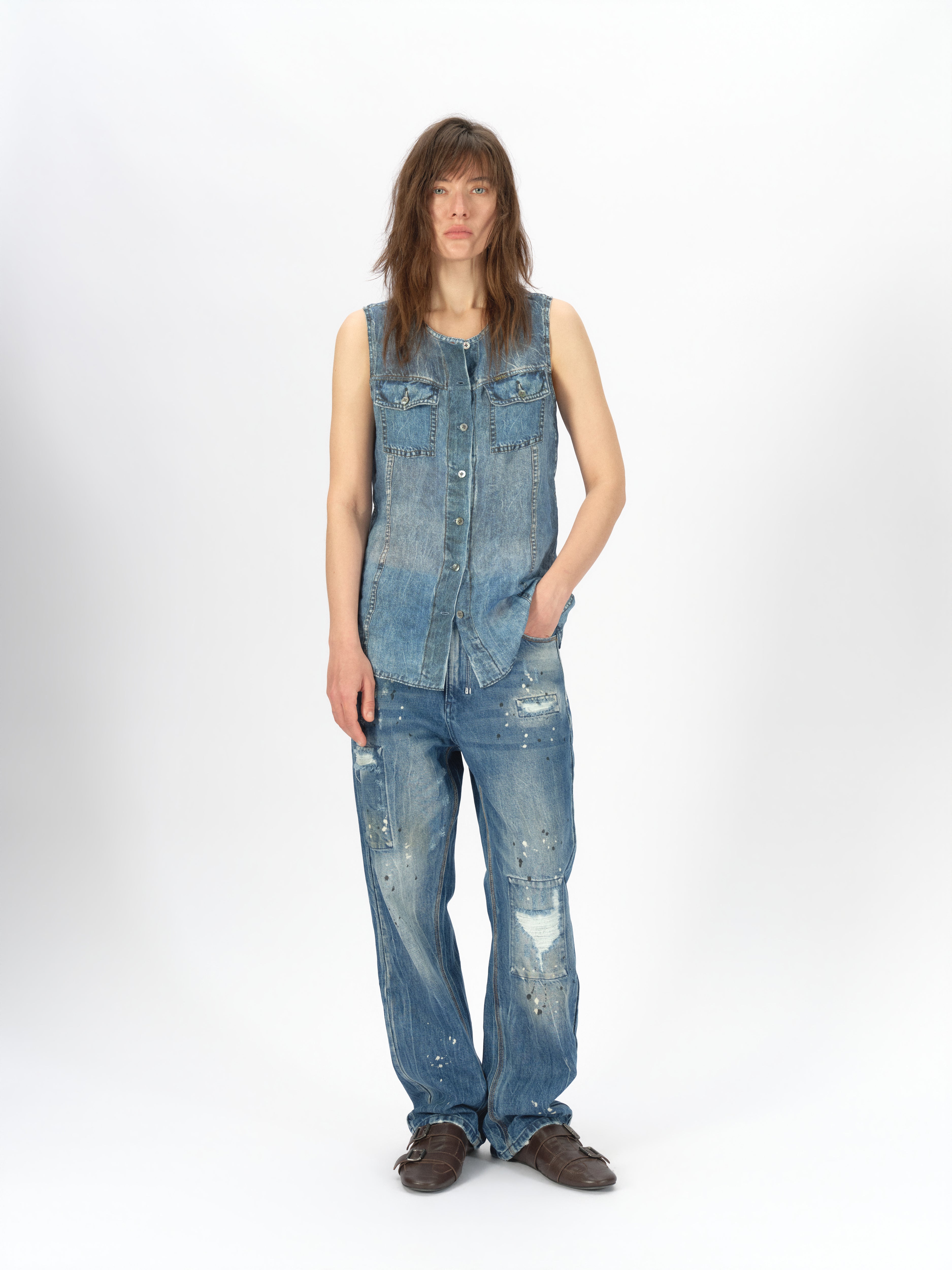 Longline Denim-Print Ramie Tank