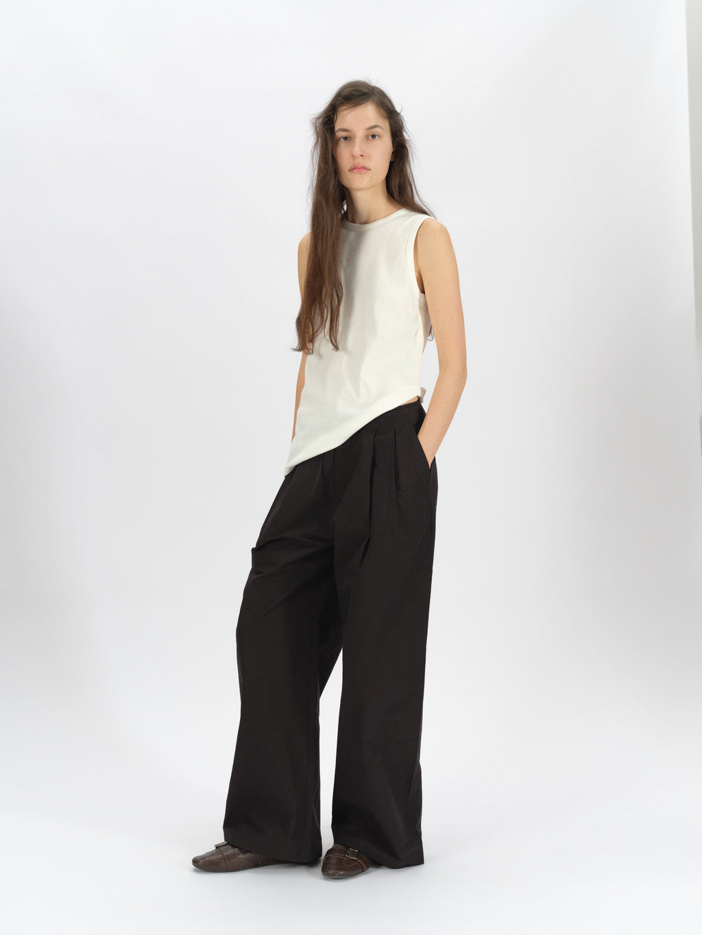 Bicolor-Belted Cotton Wide-Leg Pants