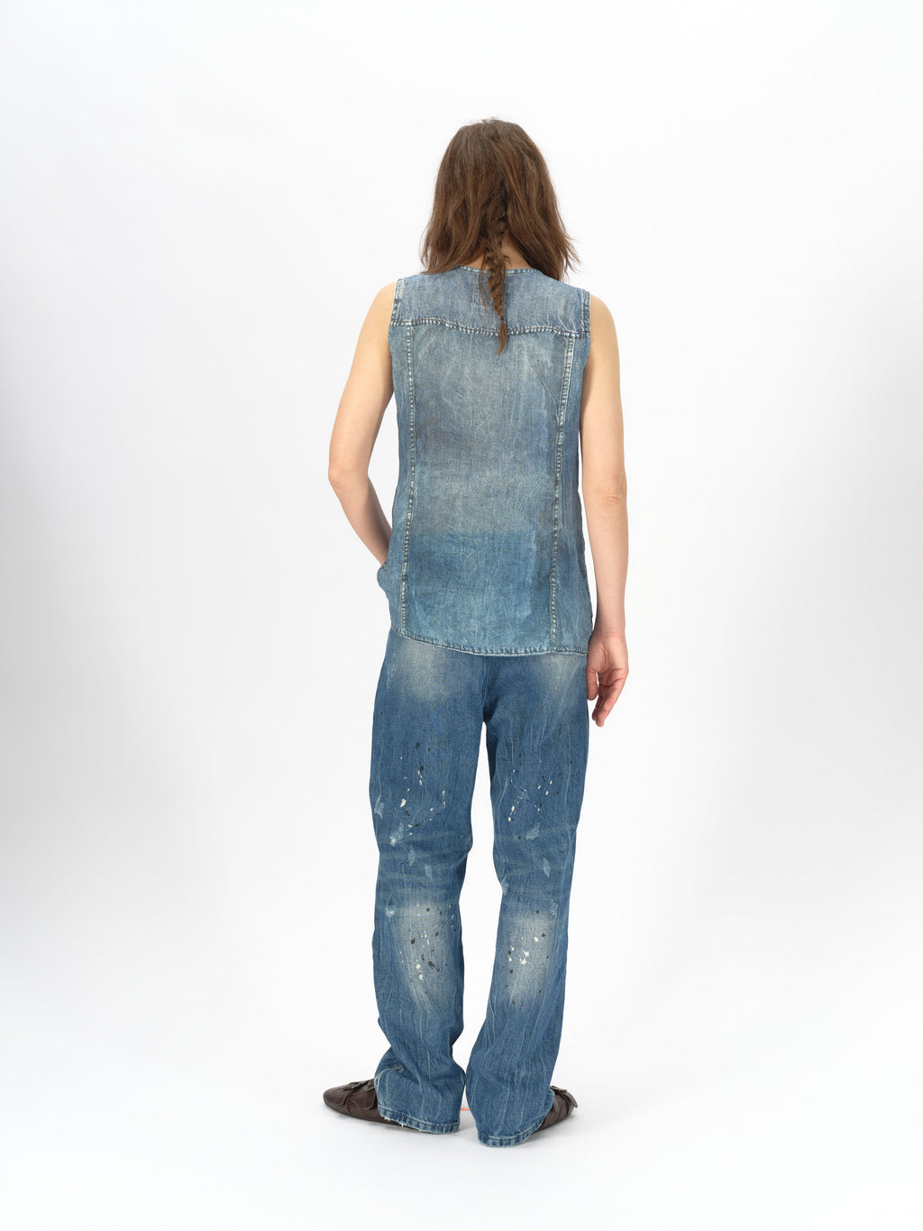 Longline Denim-Print Ramie Tank