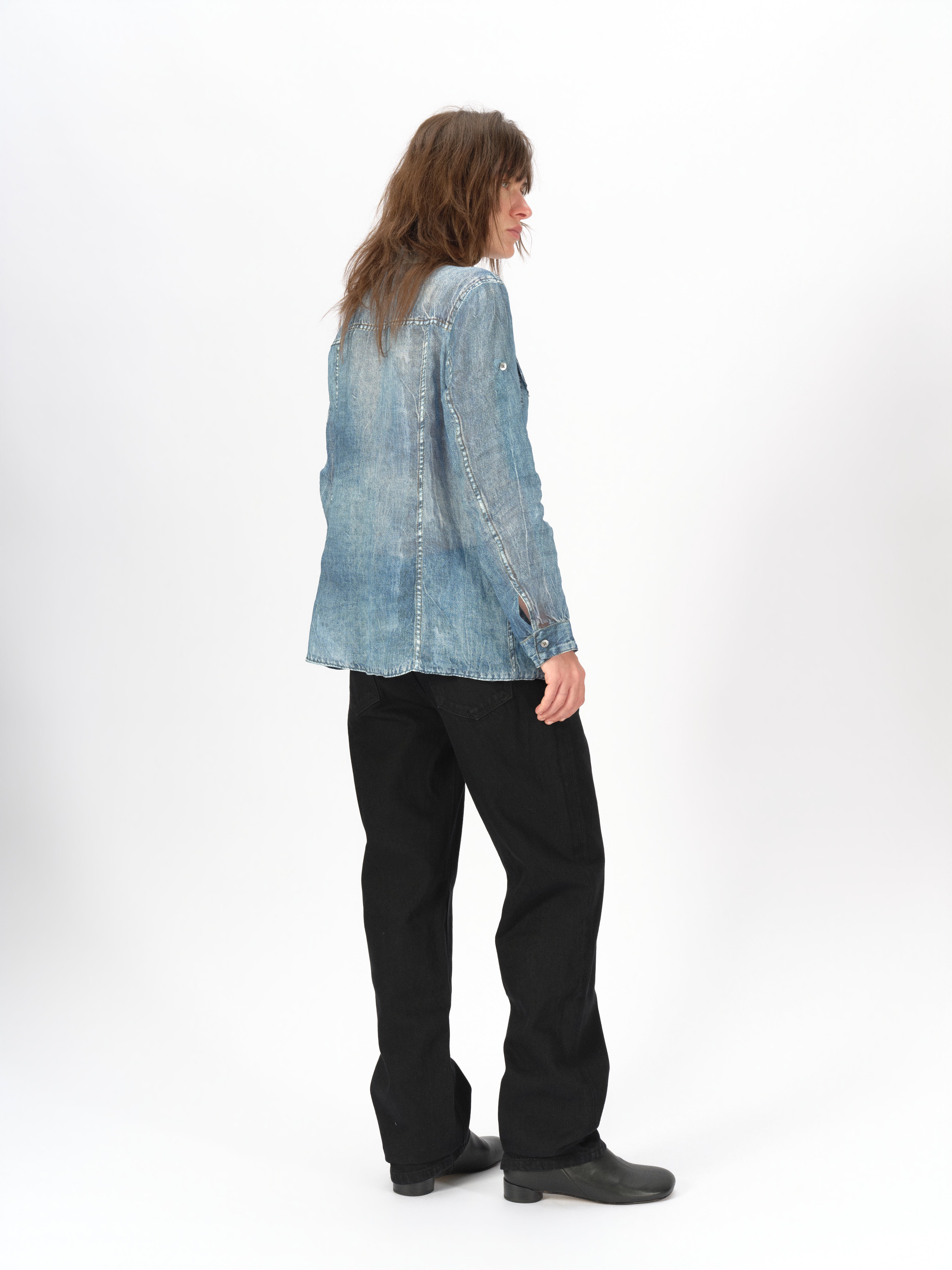 Longline Denim-Print Ramie Shirt