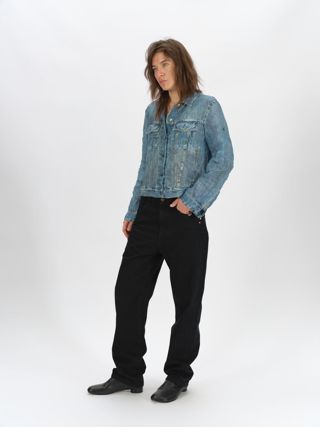 Denim-Print Ramie Shirt