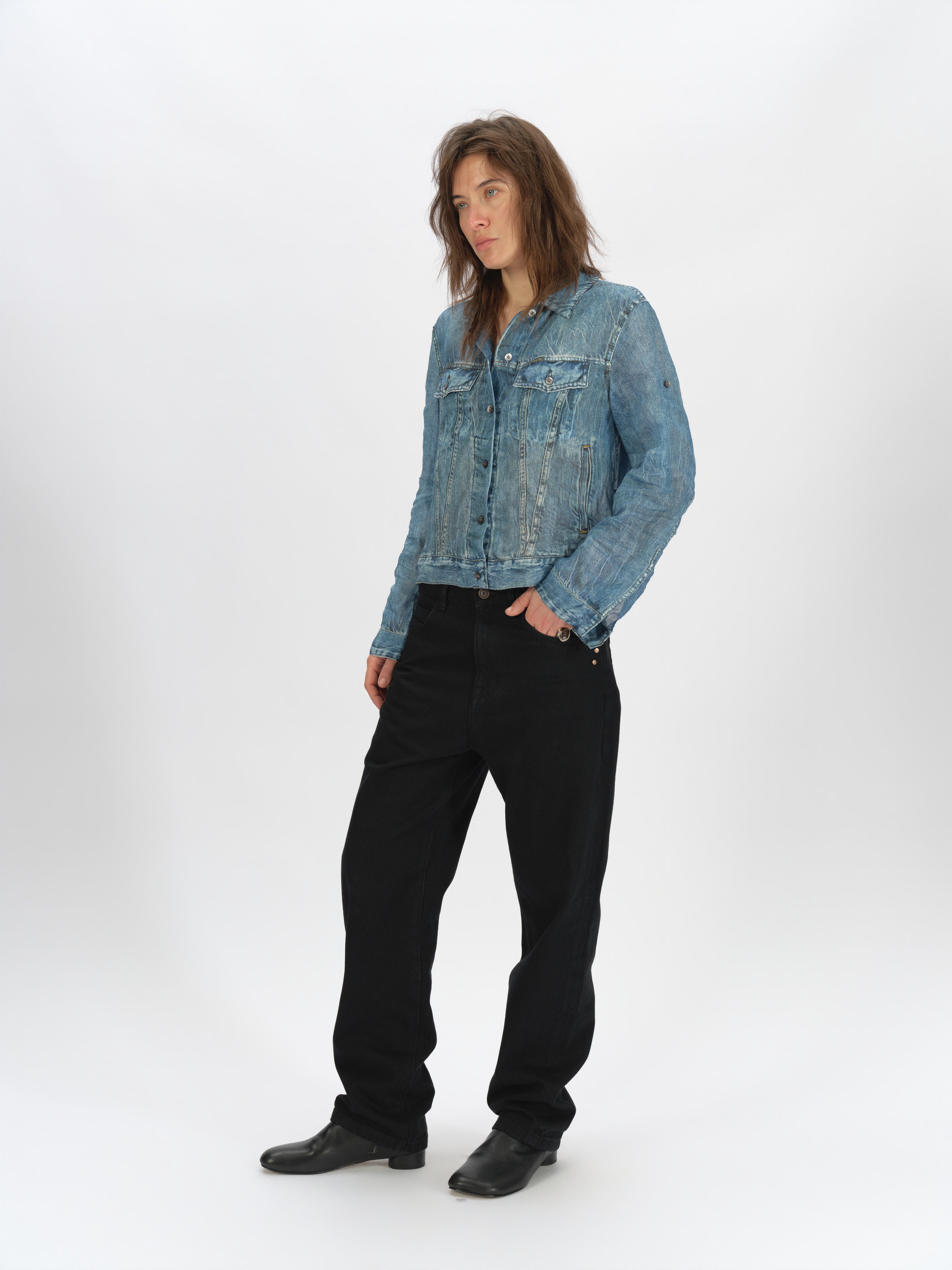 Denim-Print Ramie Shirt