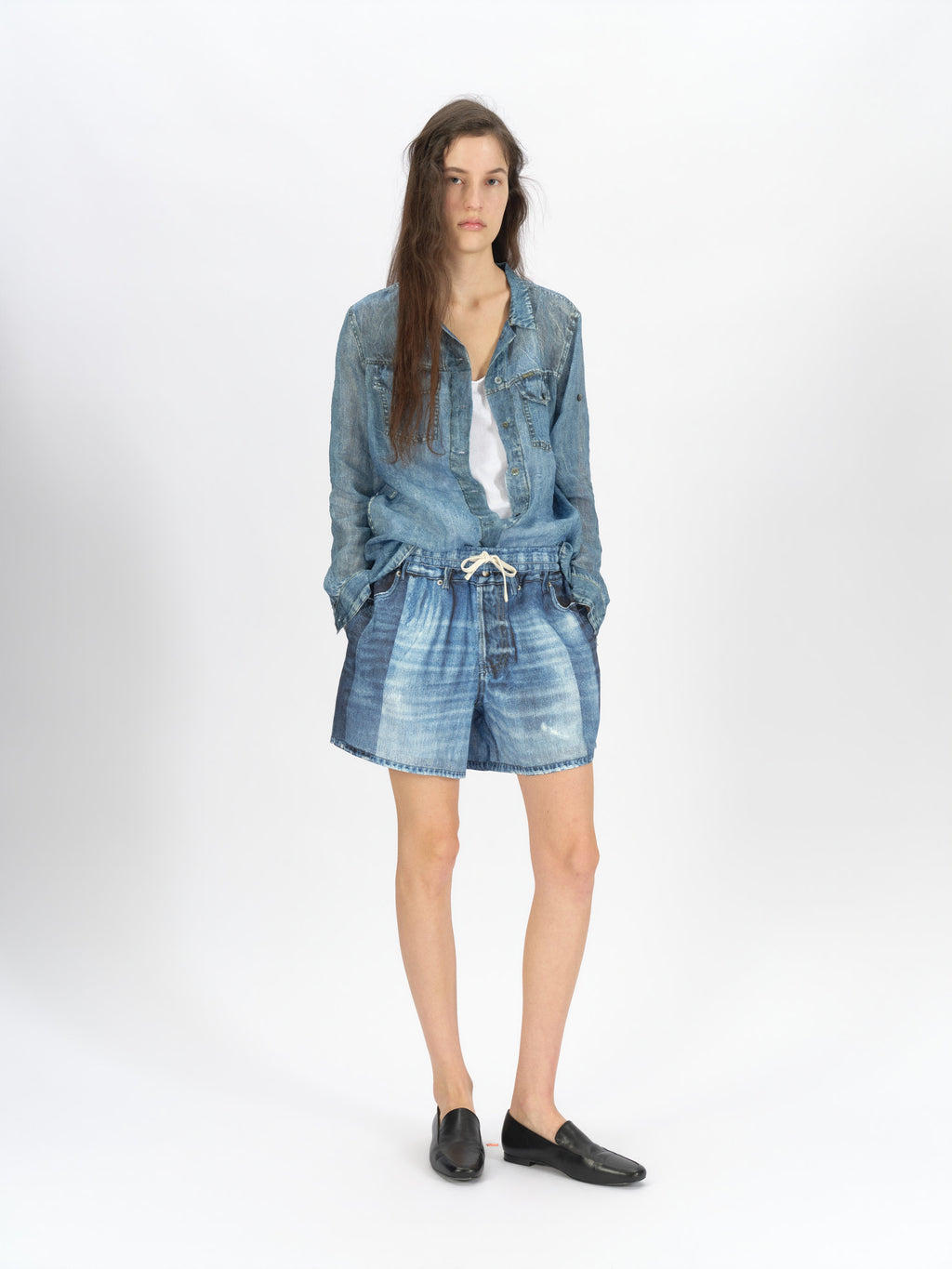 Longline Denim-Print Ramie Shirt