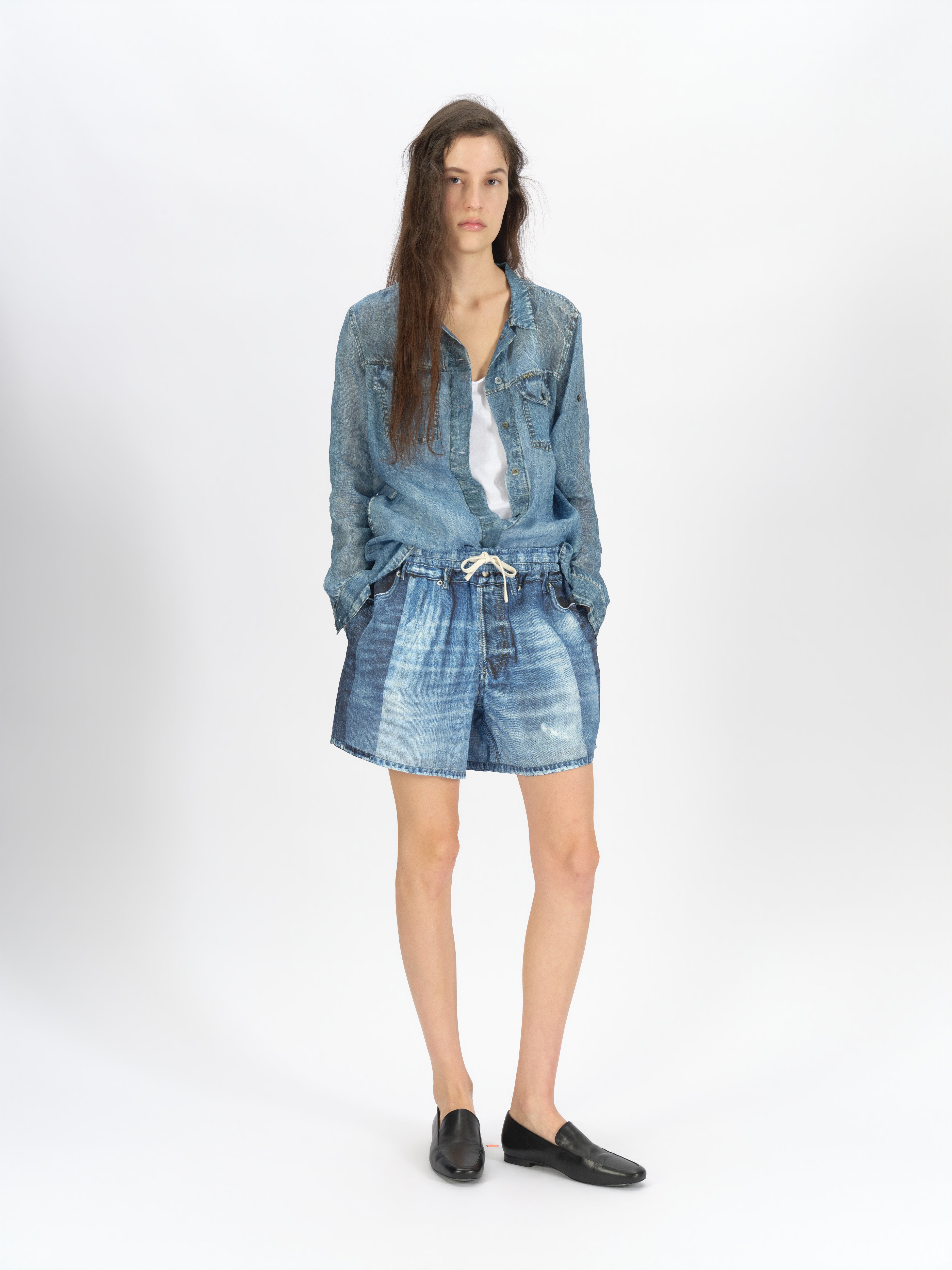 Longline Denim-Print Ramie Shirt