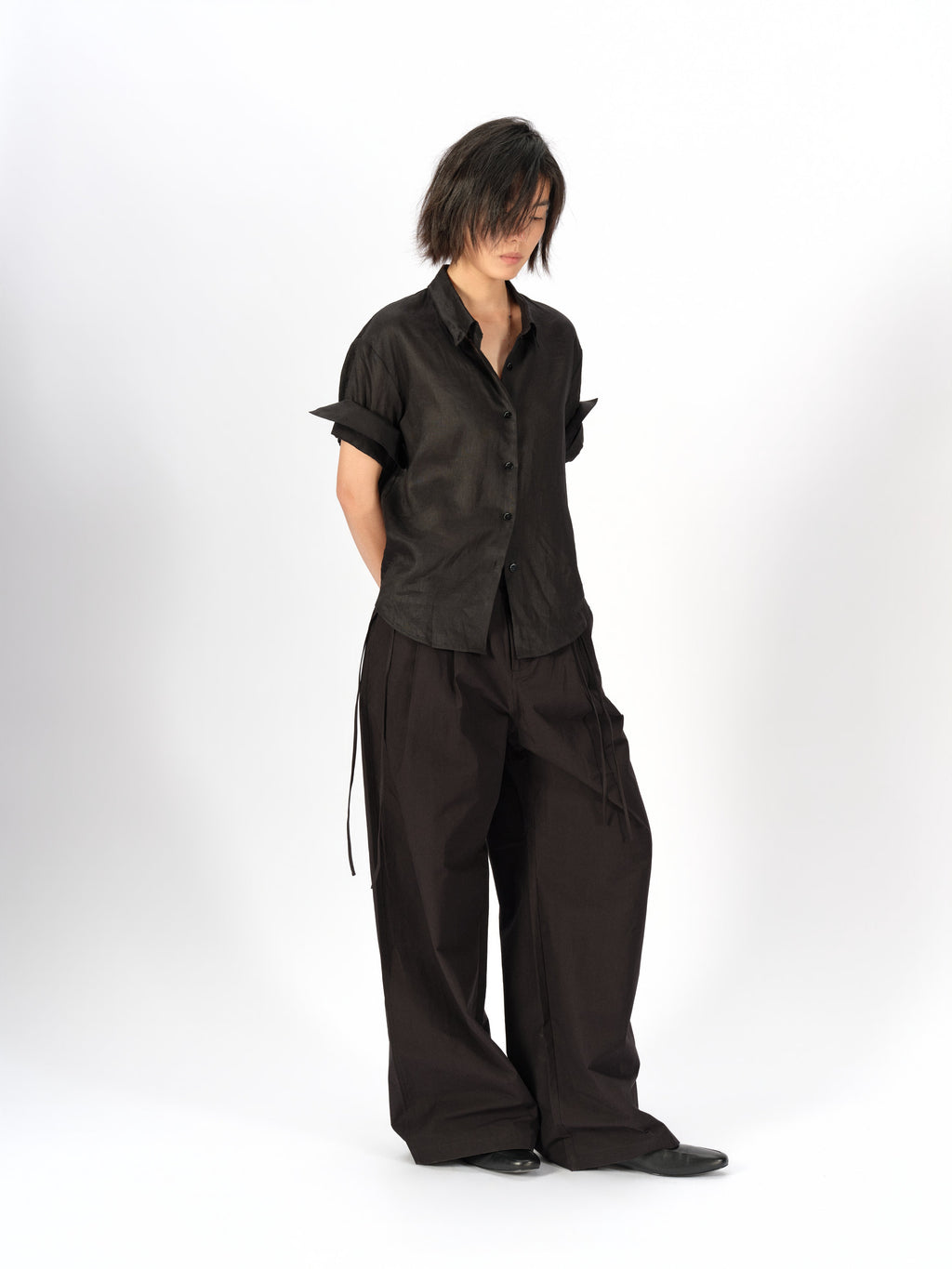 Bicolor-Belted Cotton Wide-Leg Pants