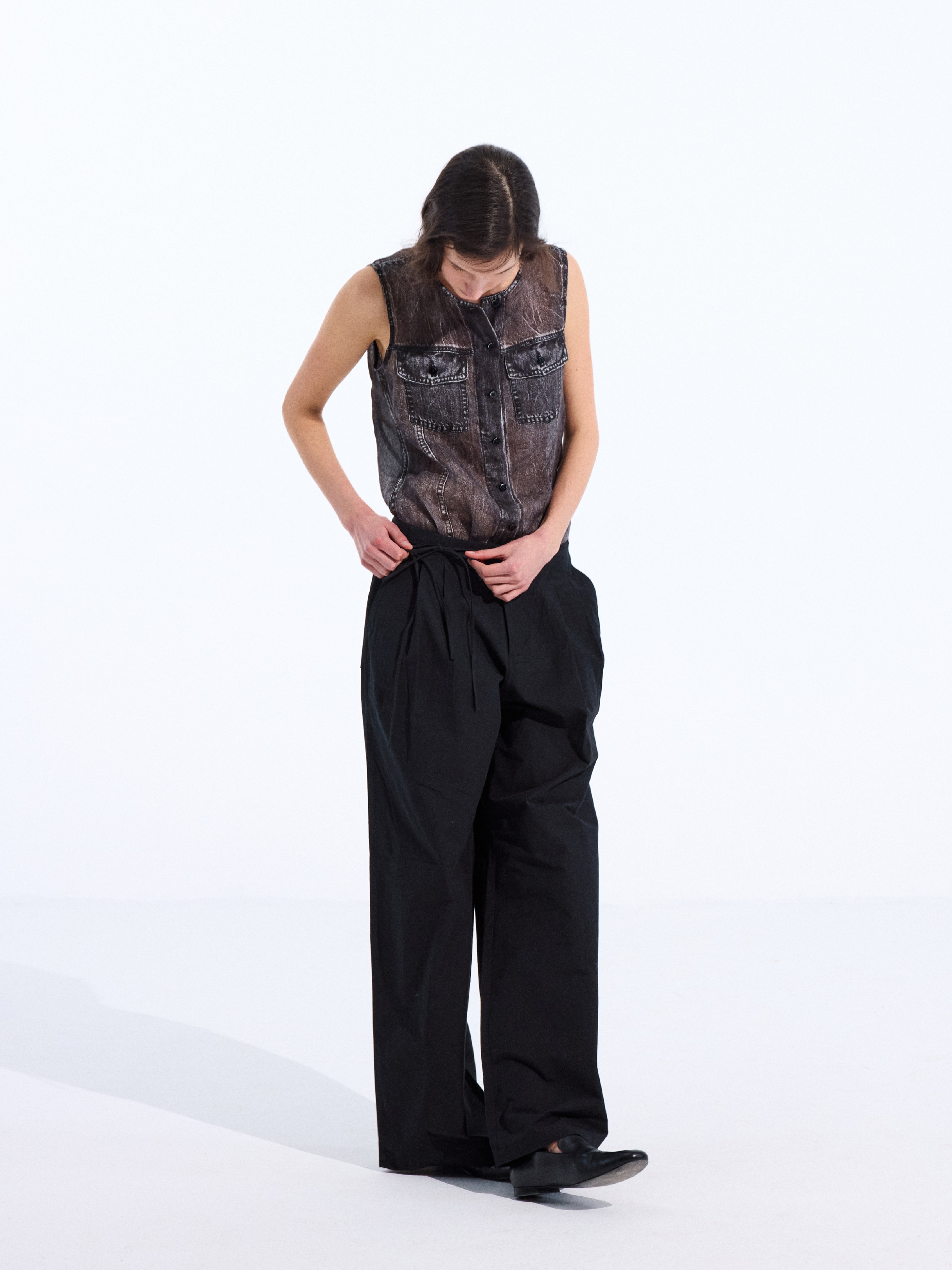 Bicolor-Belted Cotton Wide-Leg Pants