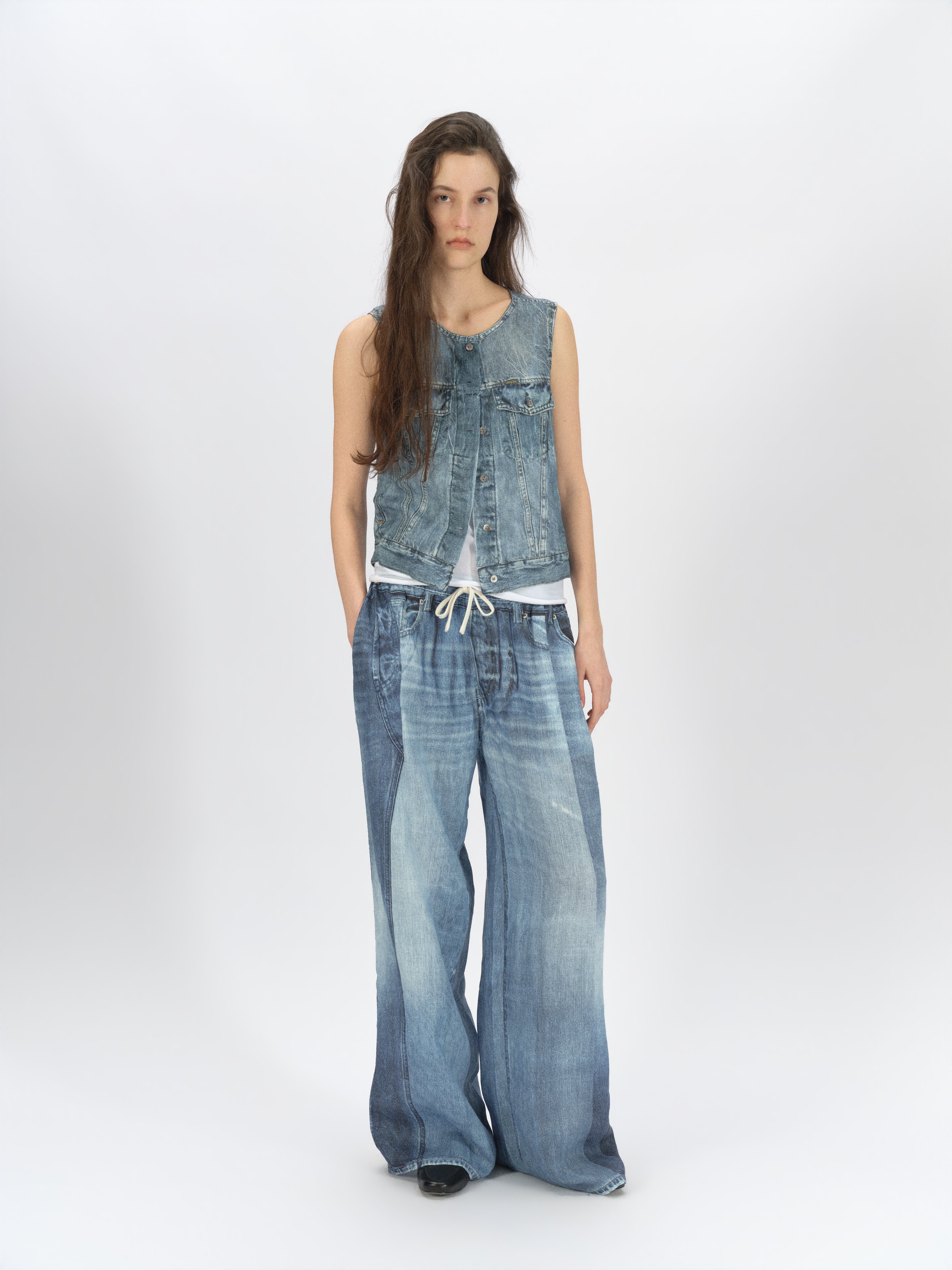 Denim-Print Ramie Tank (Cropped)