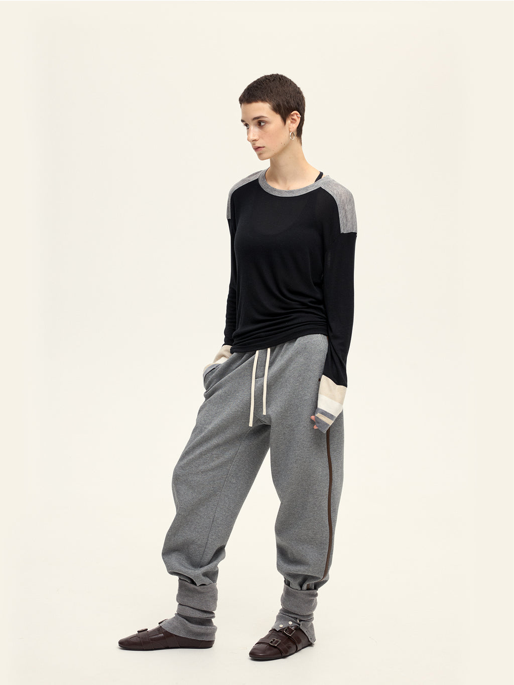 Contrast Color Tie Long Sleeve Shirt