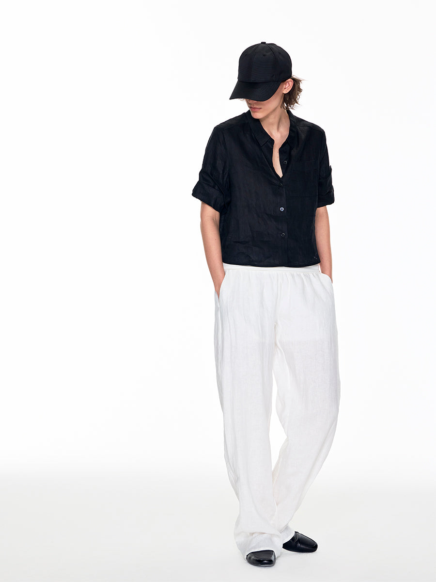 LINEN TROUSERS WITH CUFFED KNIT WAISTBAND