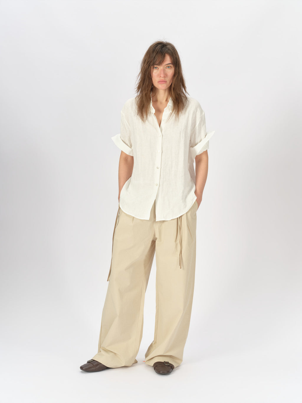 Bicolor-Belted Cotton Wide-Leg Pants
