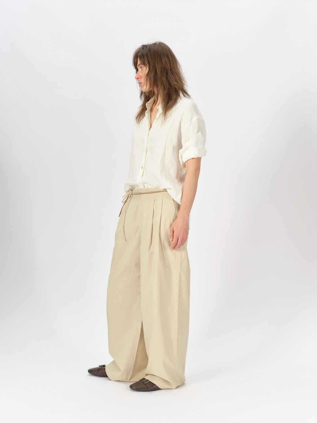 Bicolor-Belted Cotton Wide-Leg Pants