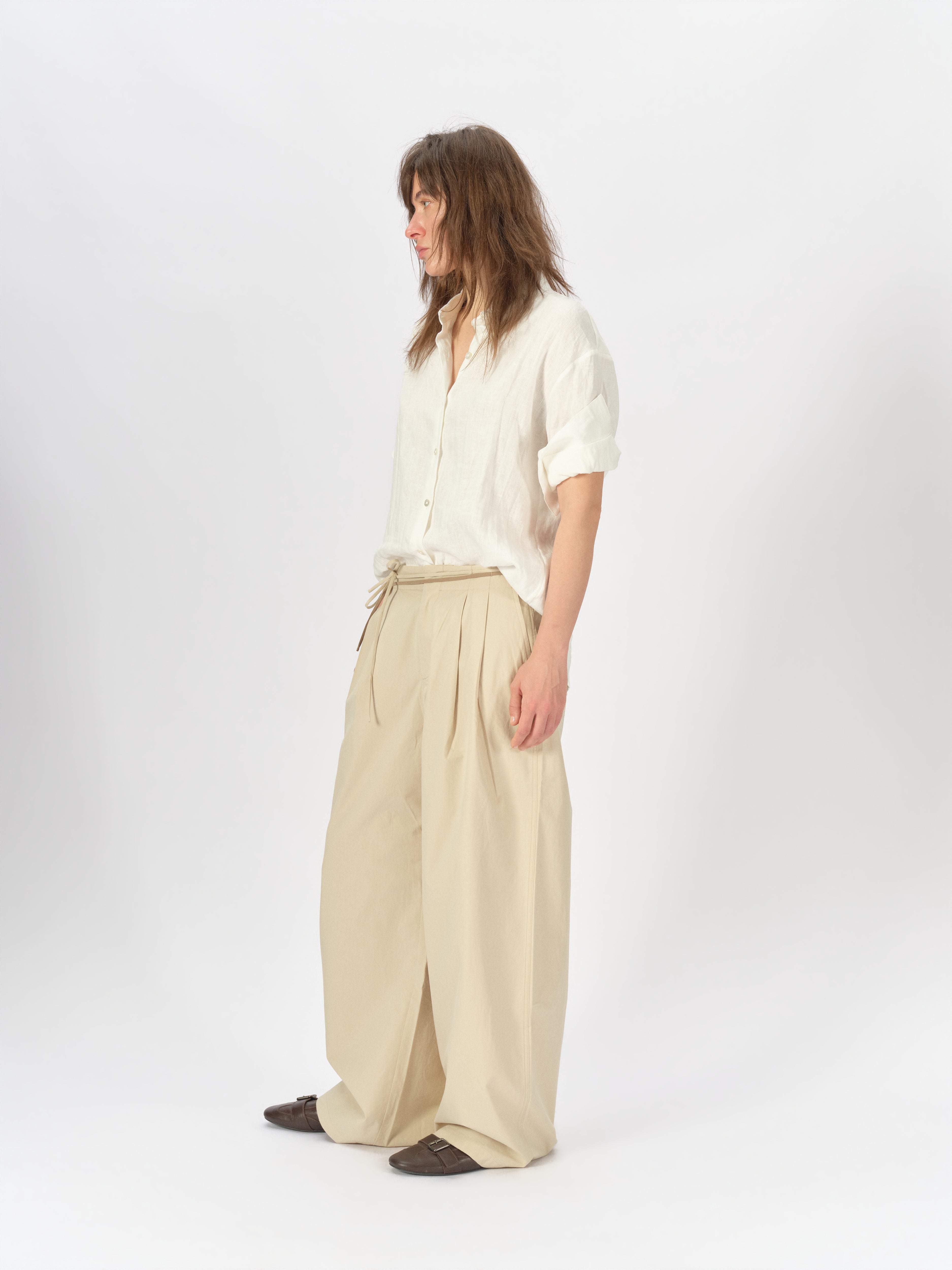 Bicolor-Belted Cotton Wide-Leg Pants