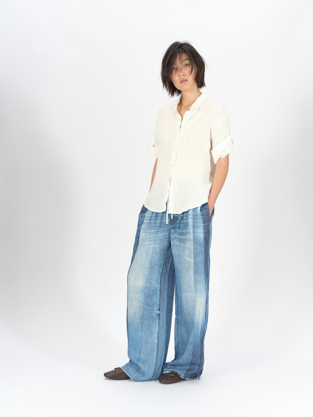Denim-Print Linen Trousers