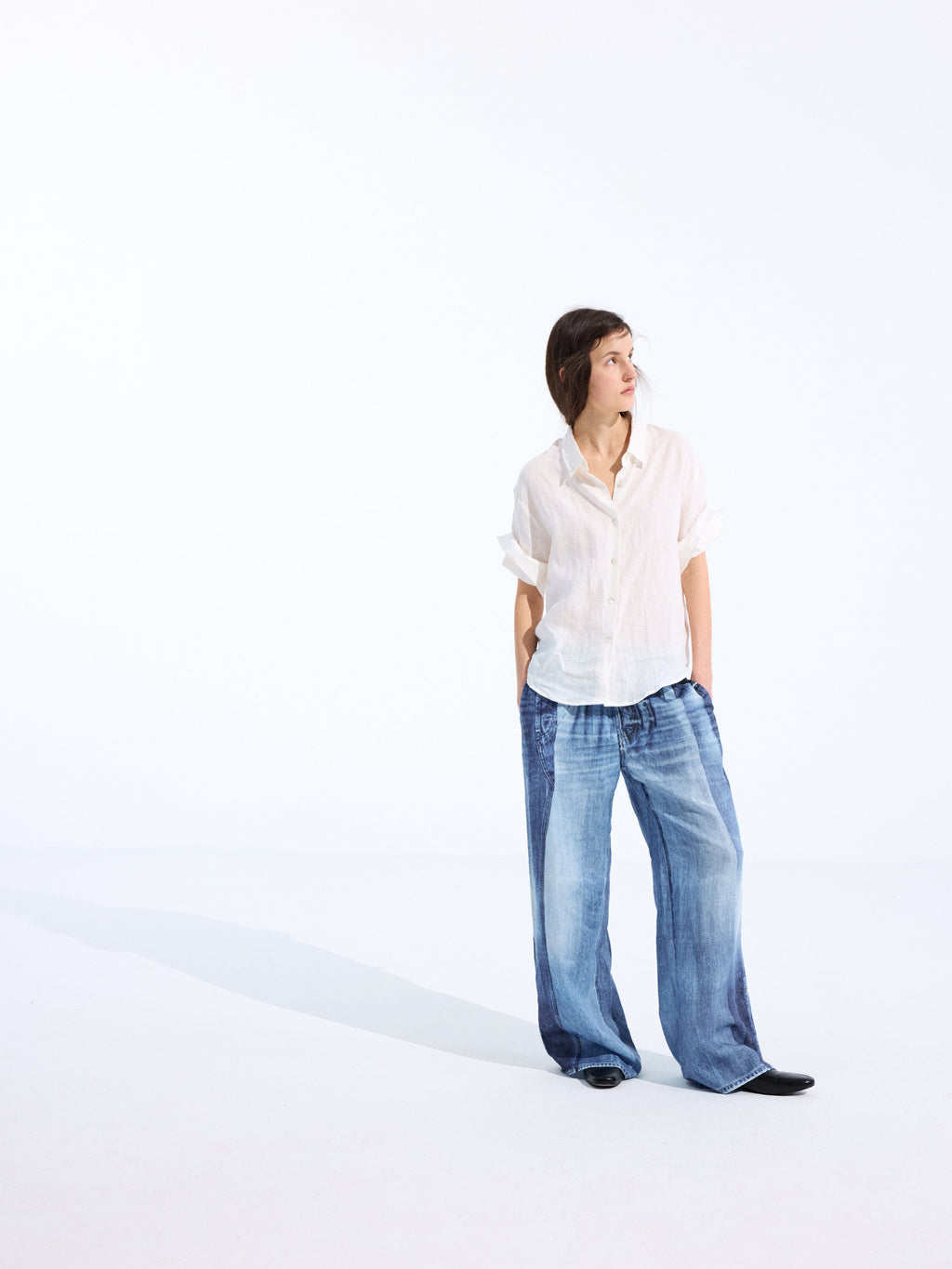 Denim-Print Linen Trousers