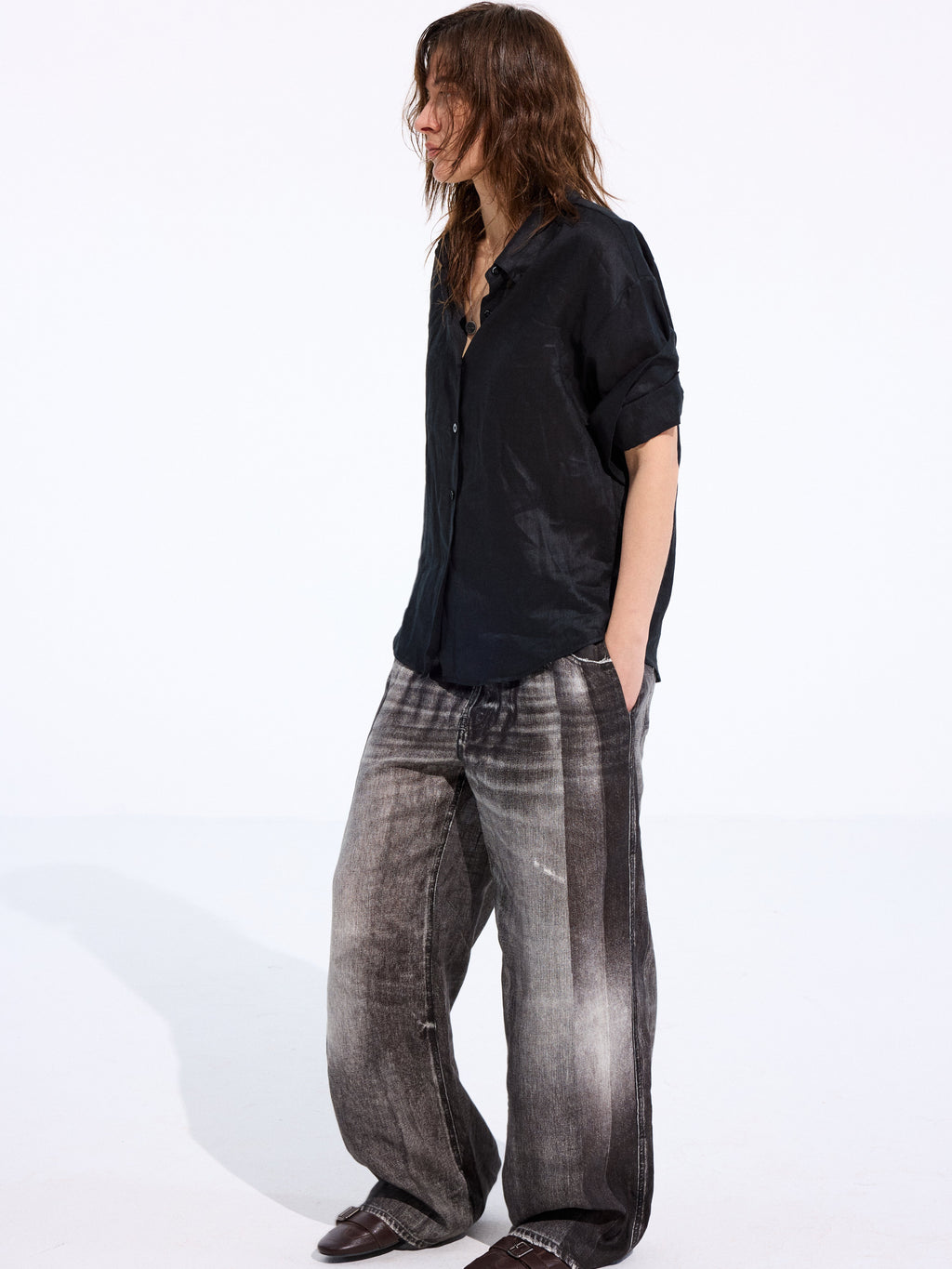 Denim-Print Linen Trousers