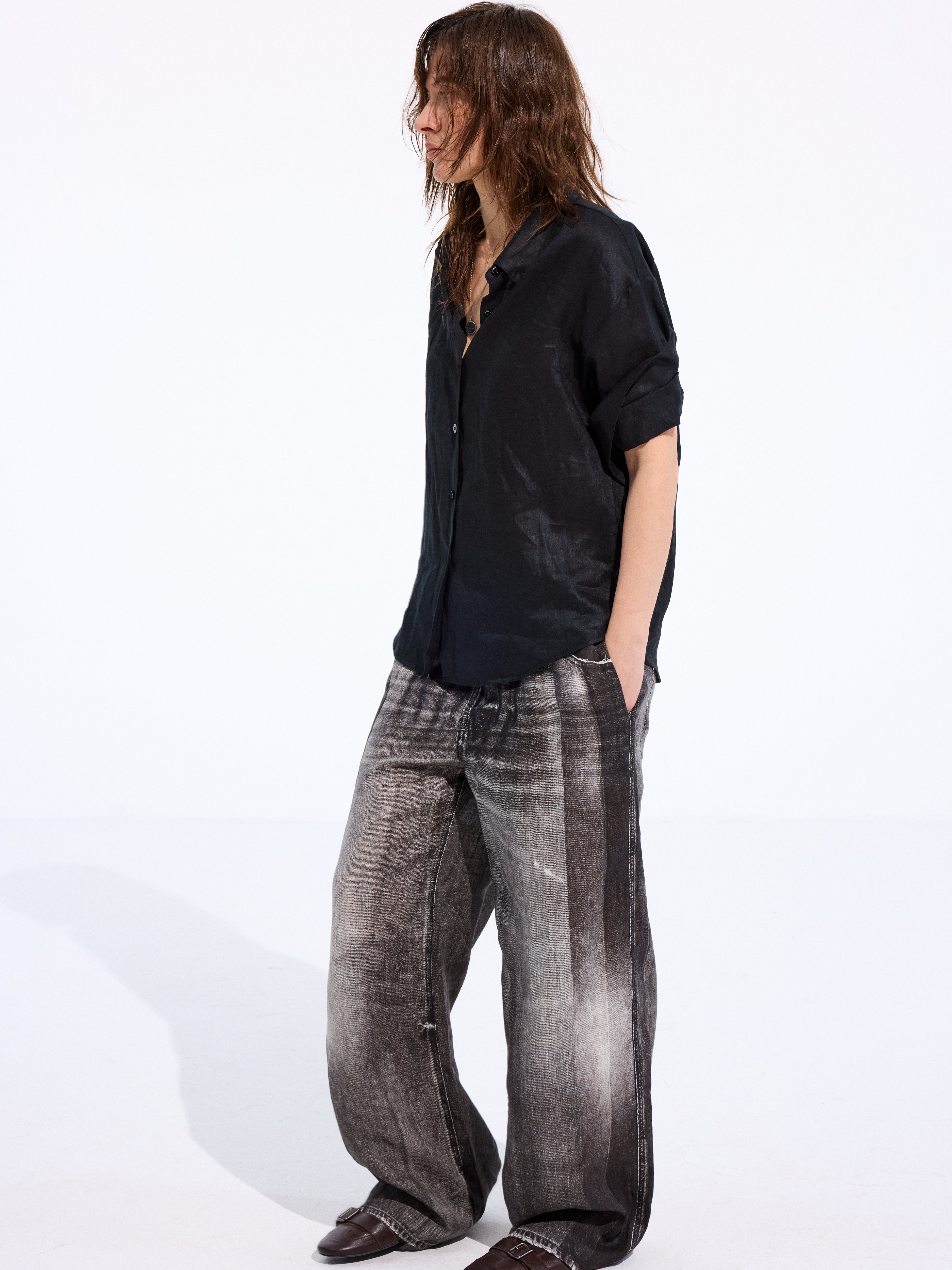Denim-Print Linen Trousers