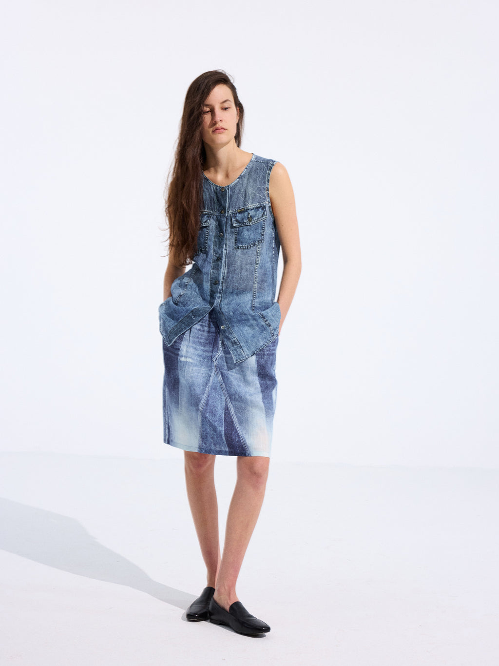 Longline Denim-Print Ramie Tank
