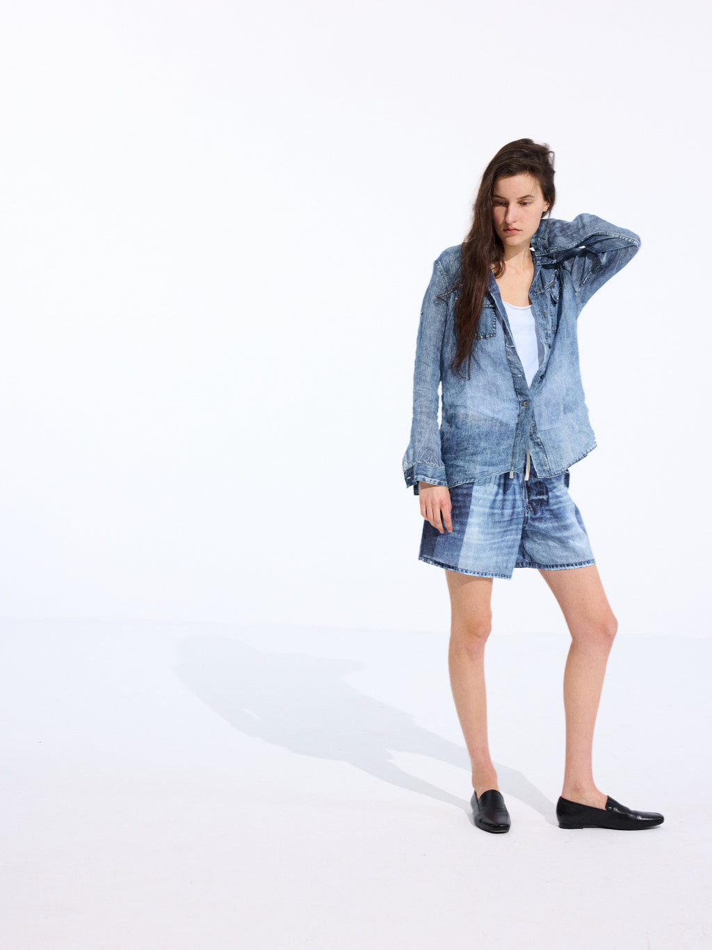 Denim-Print Ramie Shorts