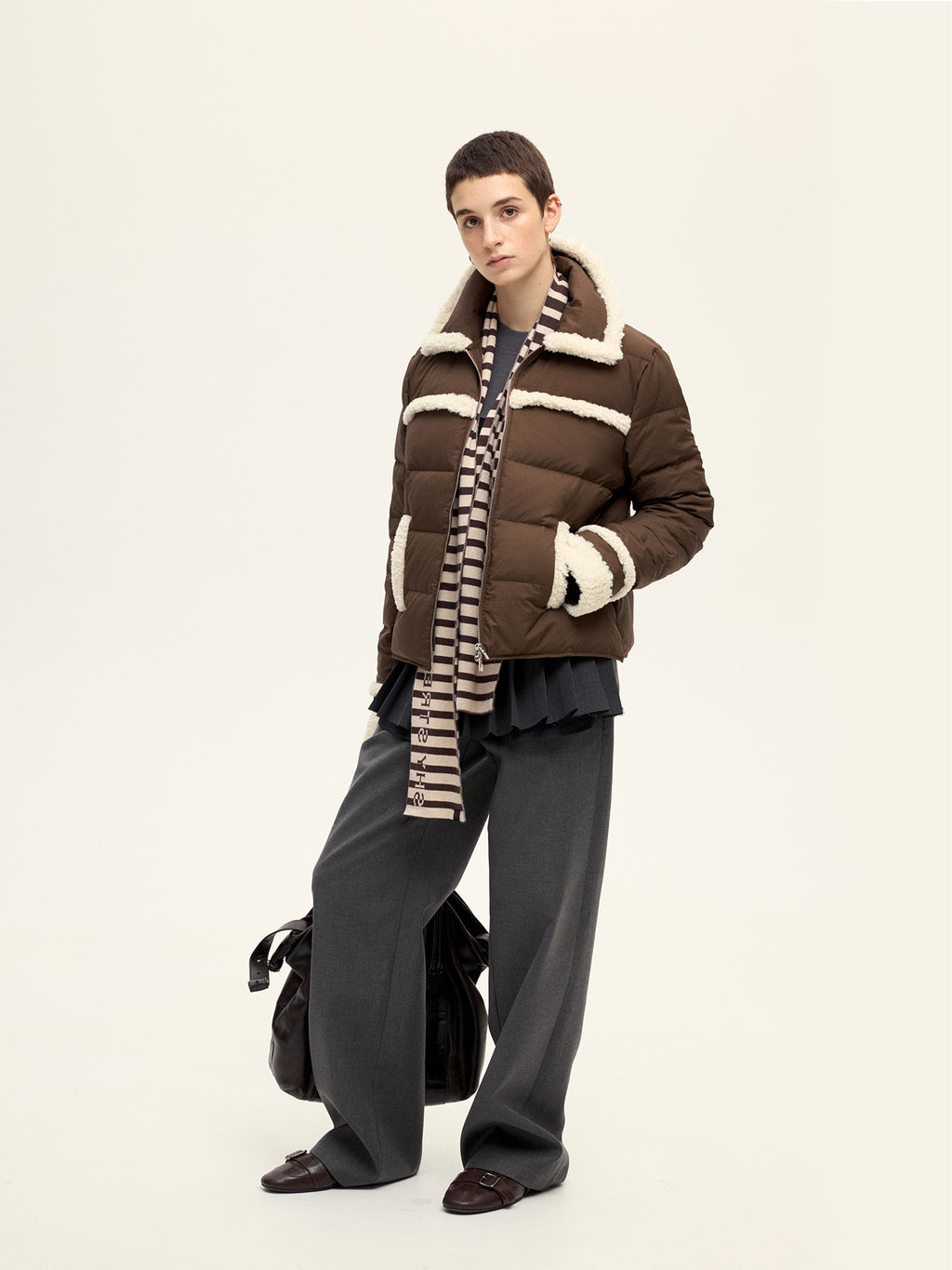 Brown Fleece Trim Down Jacket