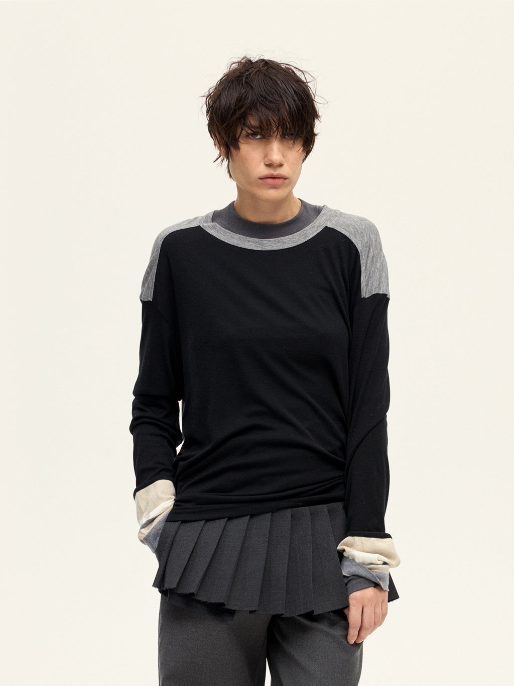 Contrast Color Tie Long Sleeve Shirt