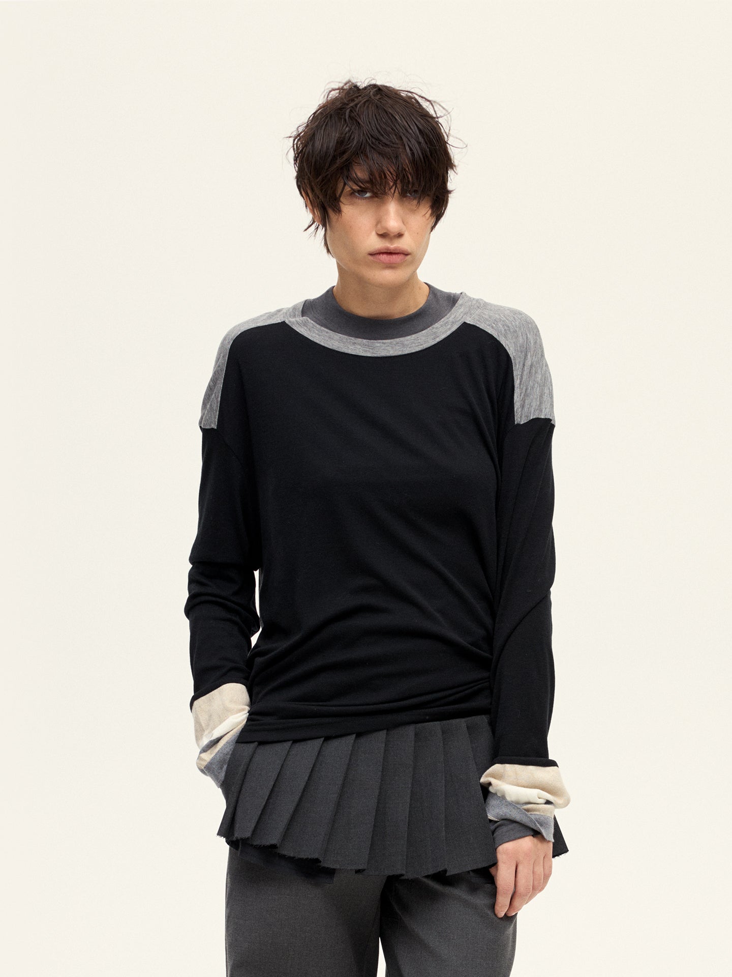 Contrast Color Tie Long Sleeve Shirt