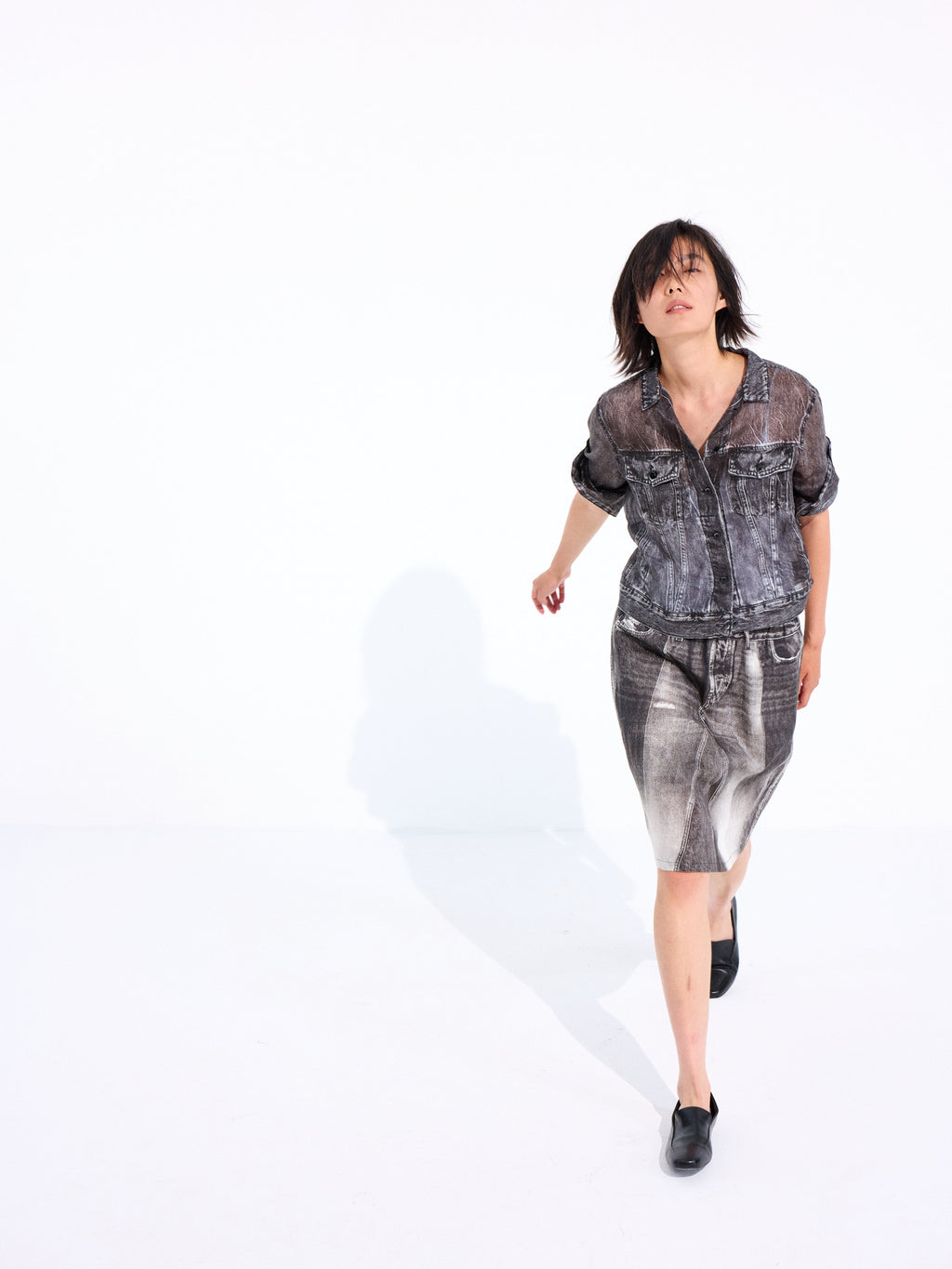 Denim-Print Ramie Midi Skirt