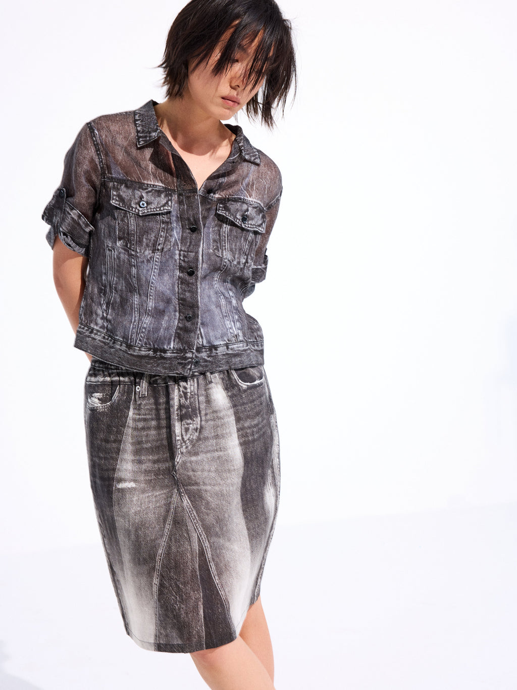 Denim-Print Ramie Shirt