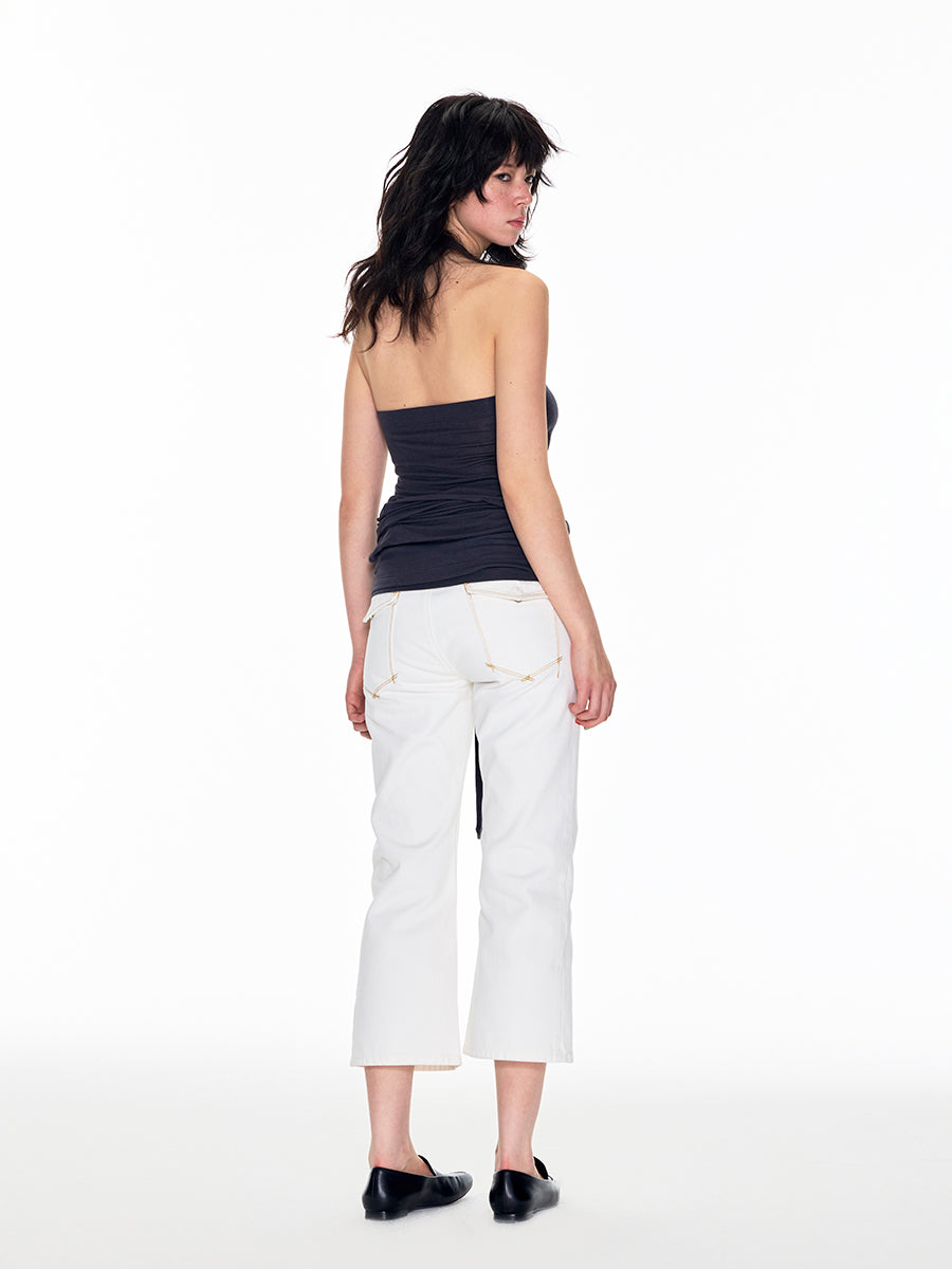 V-NECK LOW WAIST LONG LEG CROPPED JEANS
