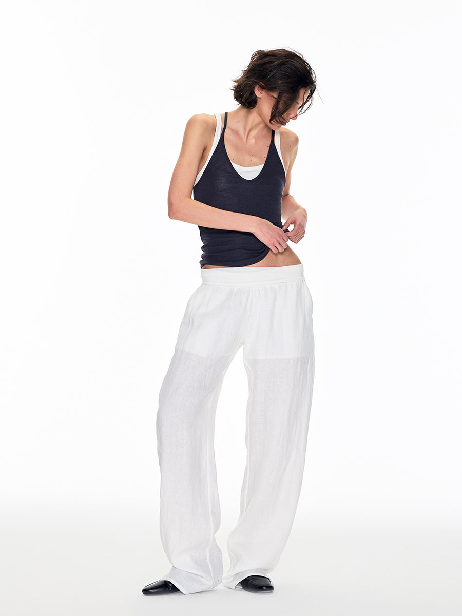 LINEN TROUSERS WITH CUFFED KNIT WAISTBAND