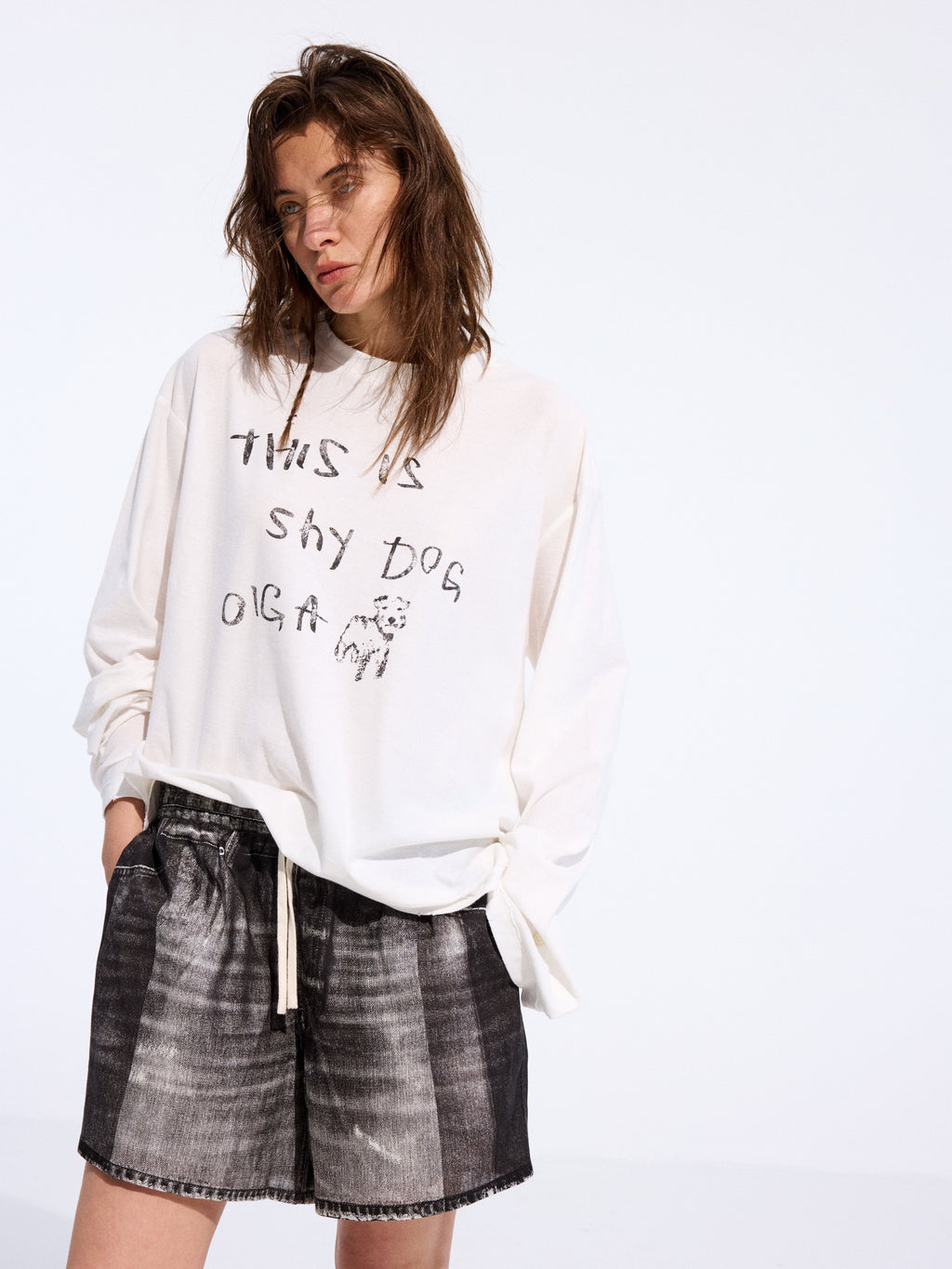 Denim-Print Ramie Shorts