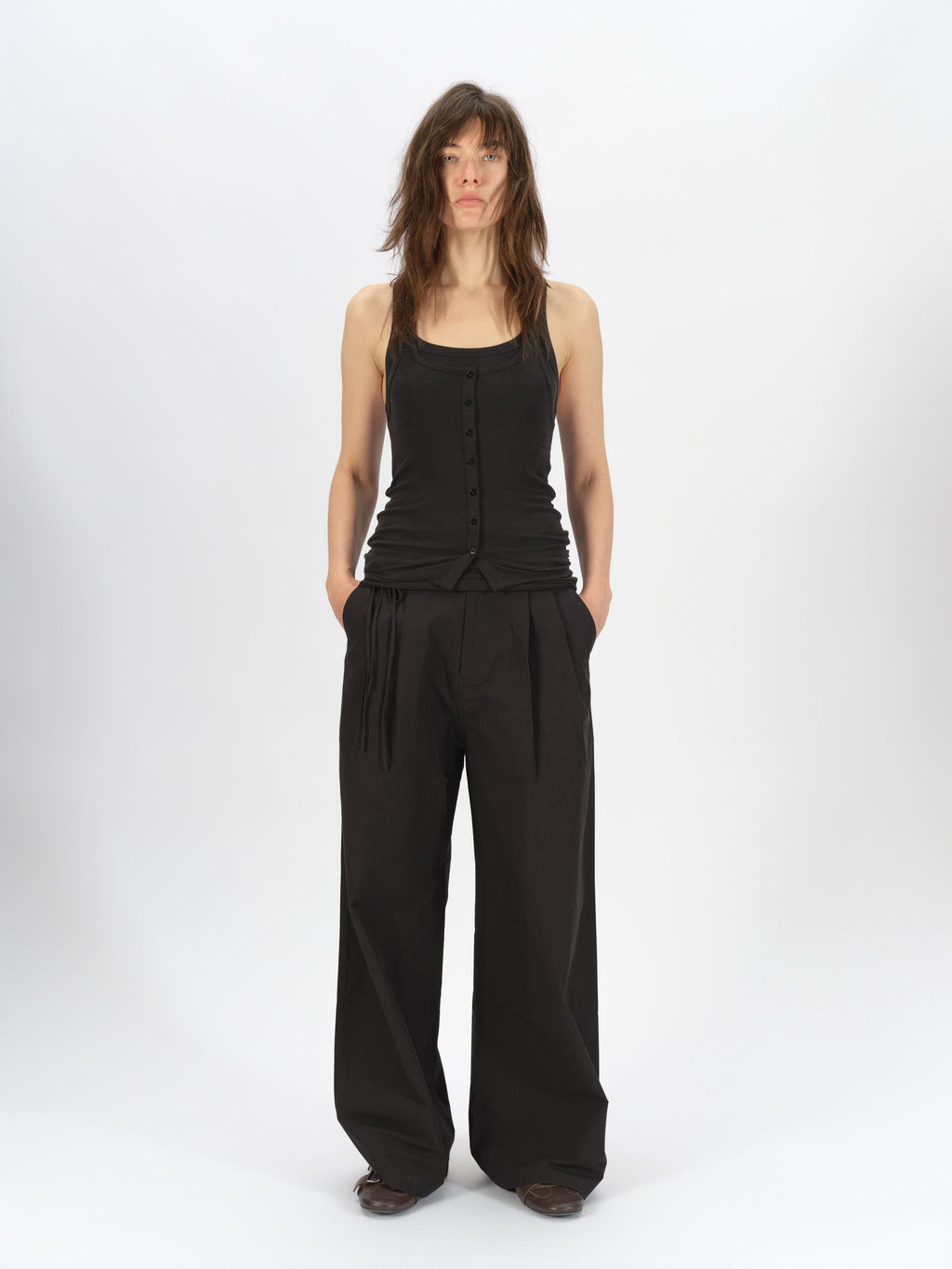 Bicolor-Belted Cotton Wide-Leg Pants