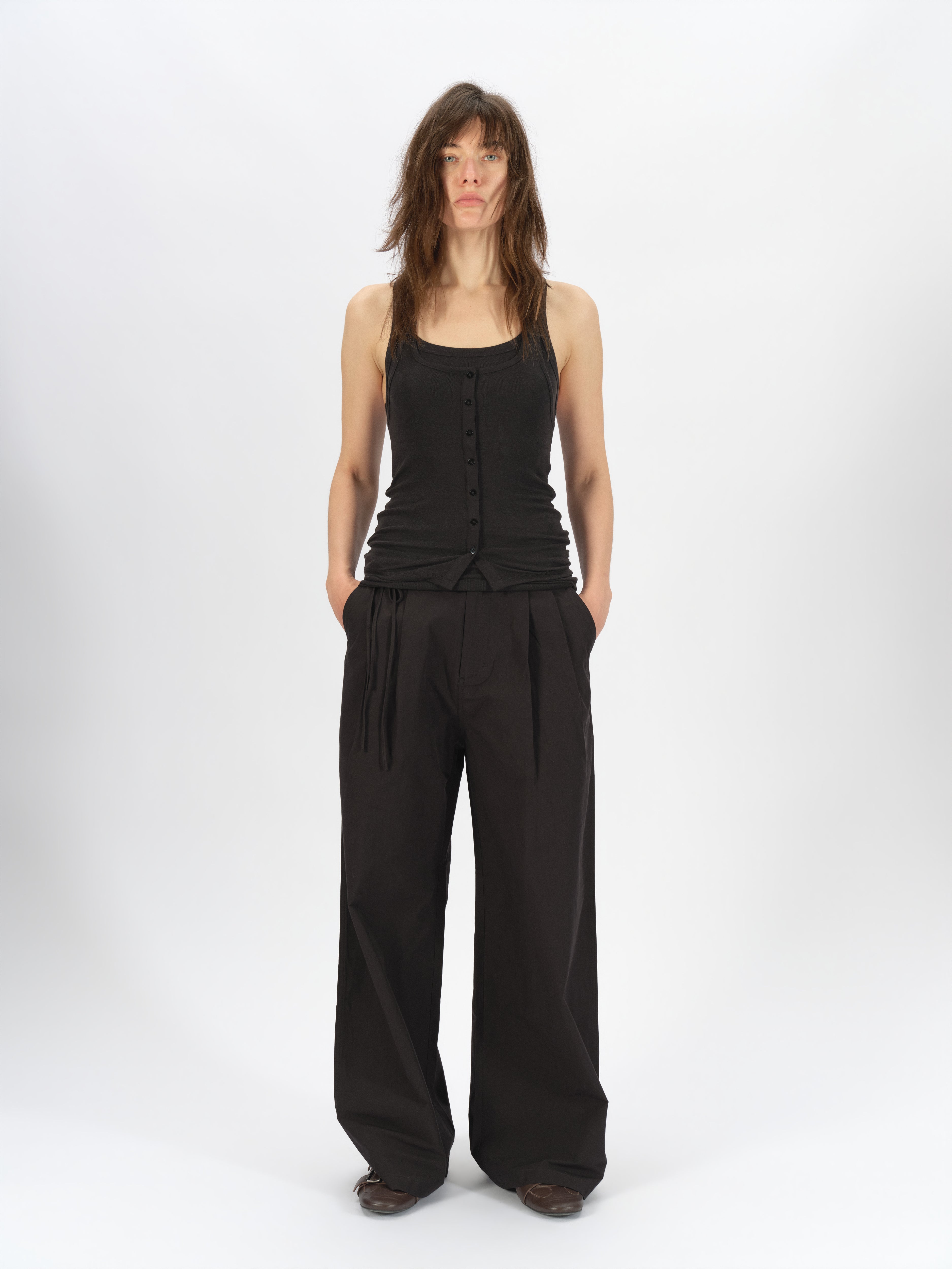 Bicolor-Belted Cotton Wide-Leg Pants
