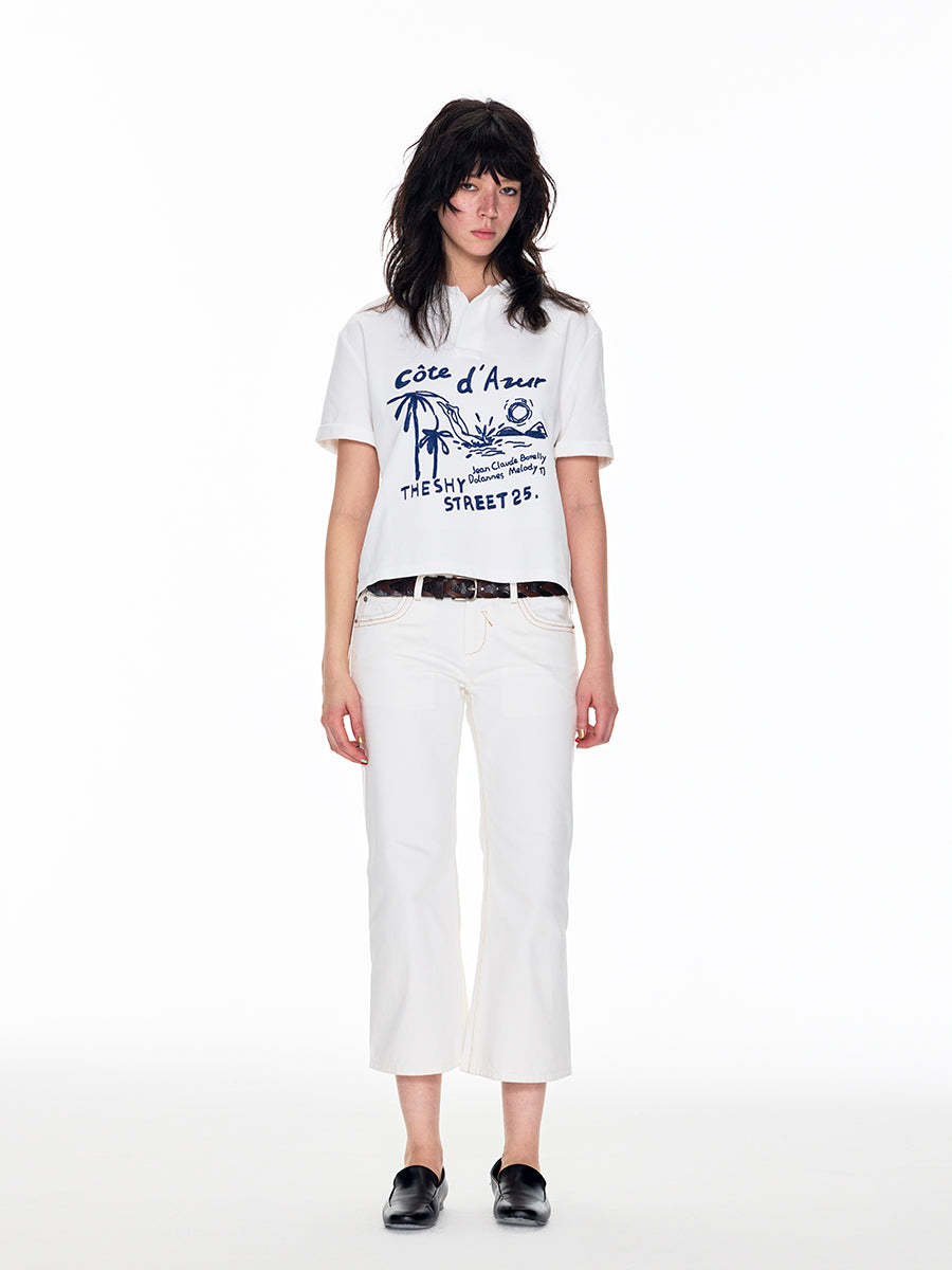 V-NECK LOW WAIST LONG LEG CROPPED JEANS