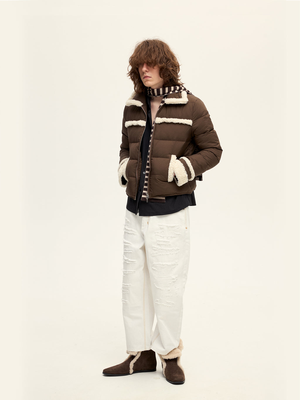 Brown Fleece Trim Down Jacket