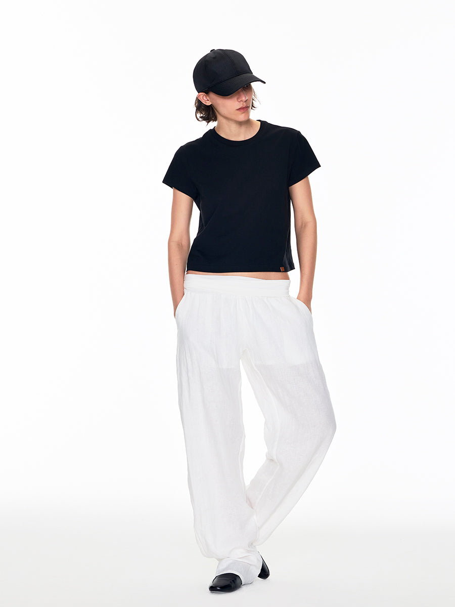 LINEN TROUSERS WITH CUFFED KNIT WAISTBAND