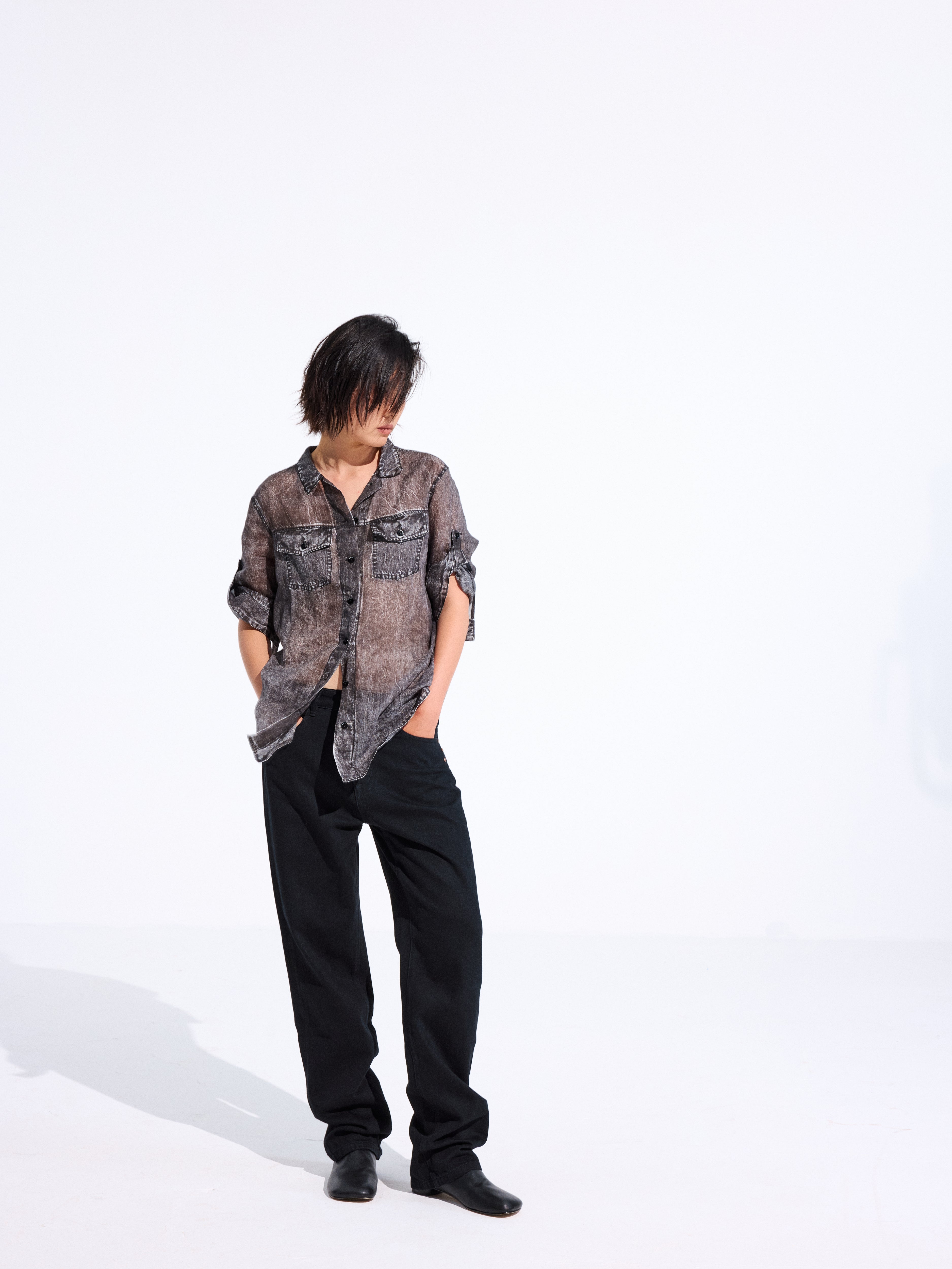 Longline Denim-Print Ramie Shirt