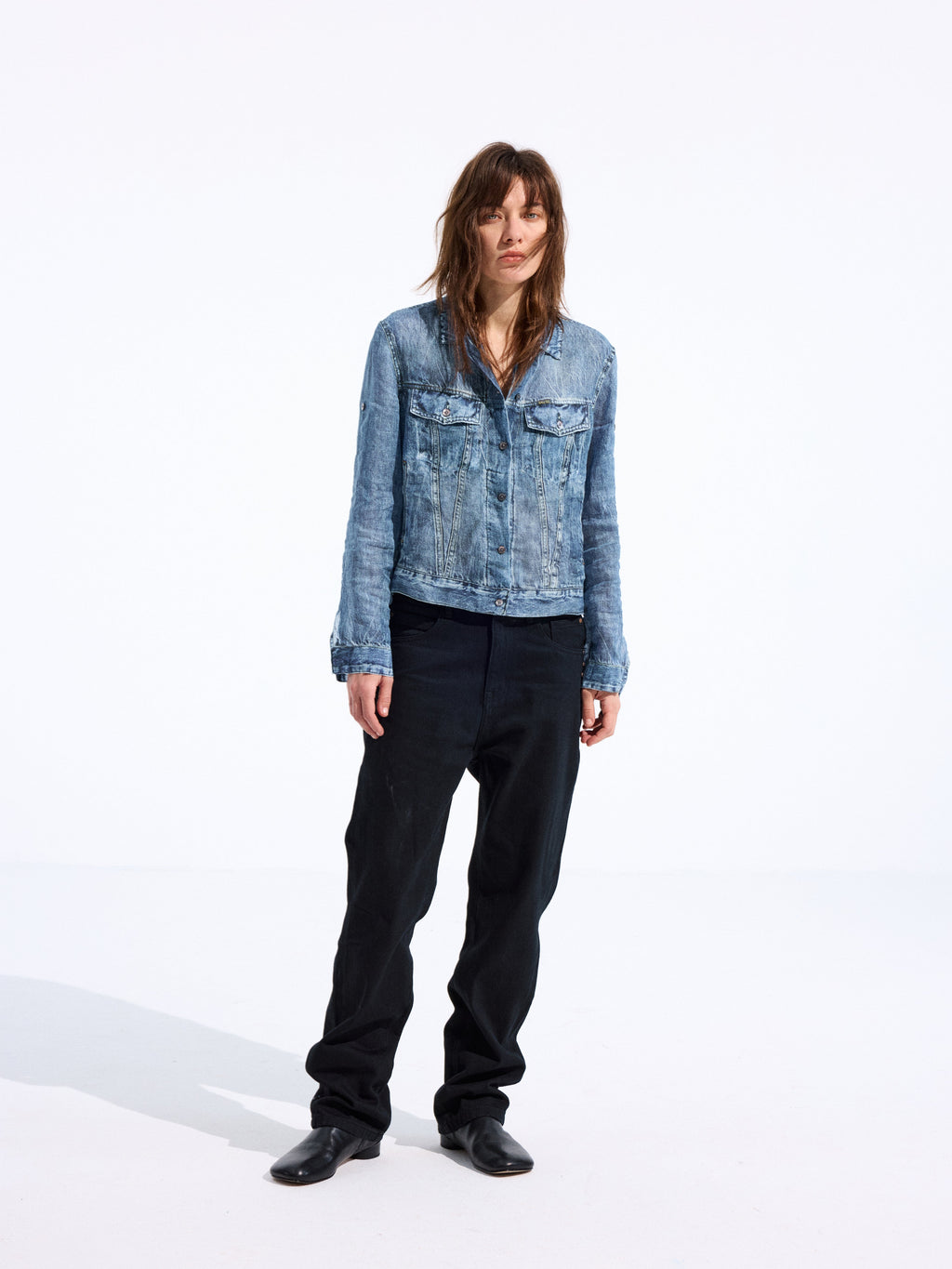 Denim-Print Ramie Shirt