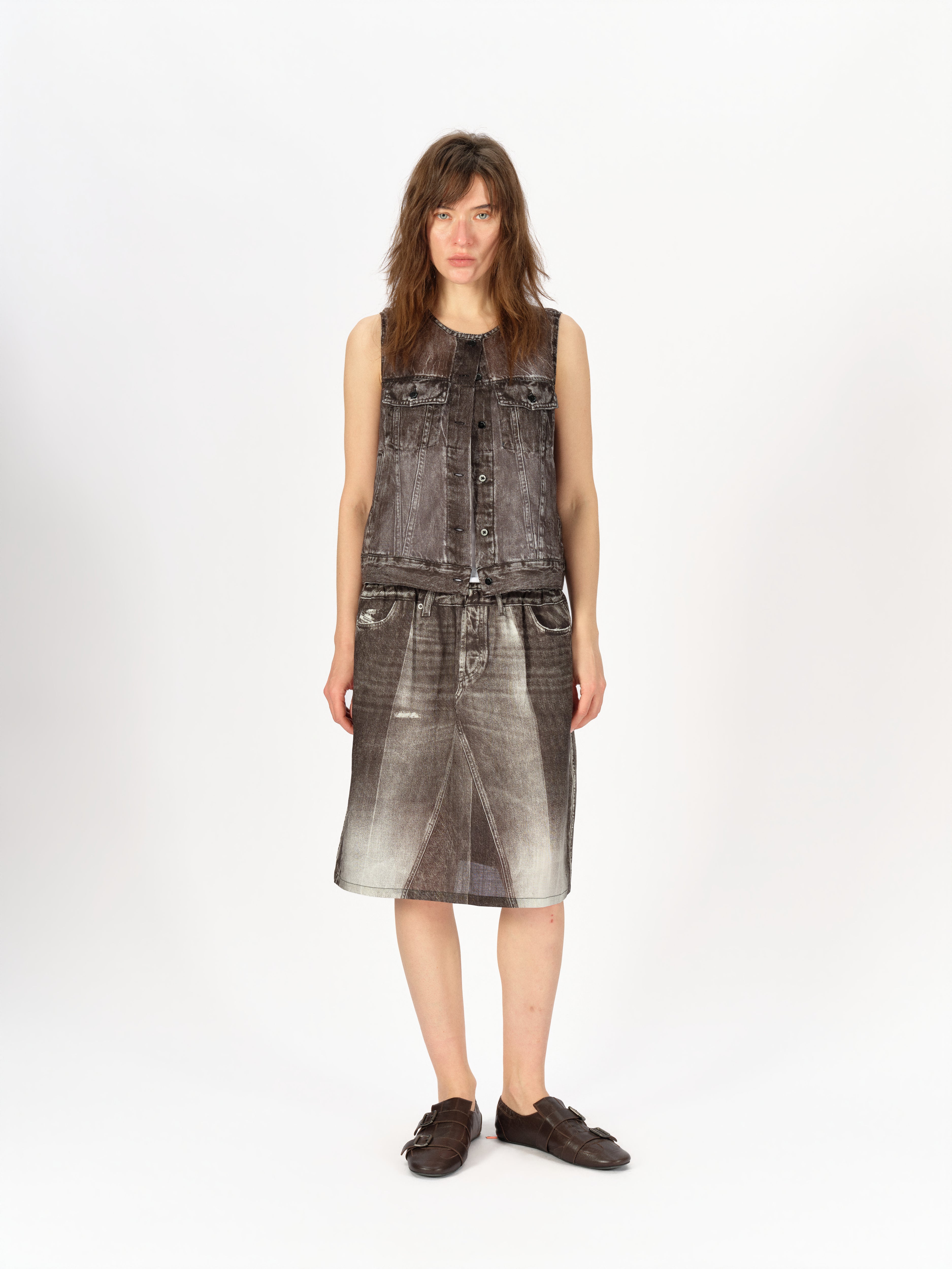 Denim-Print Ramie Tank (Cropped)