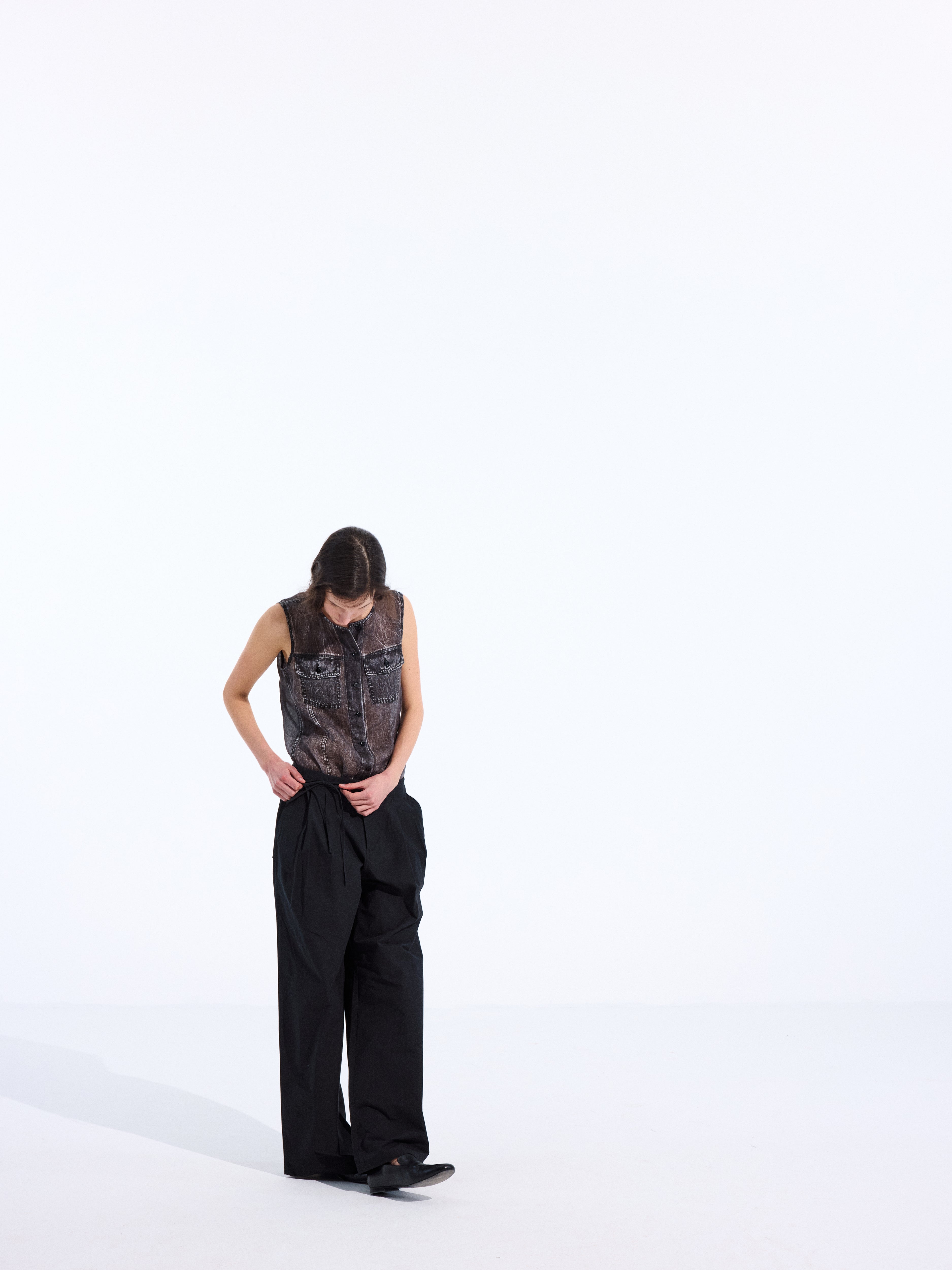 Longline Denim-Print Ramie Tank