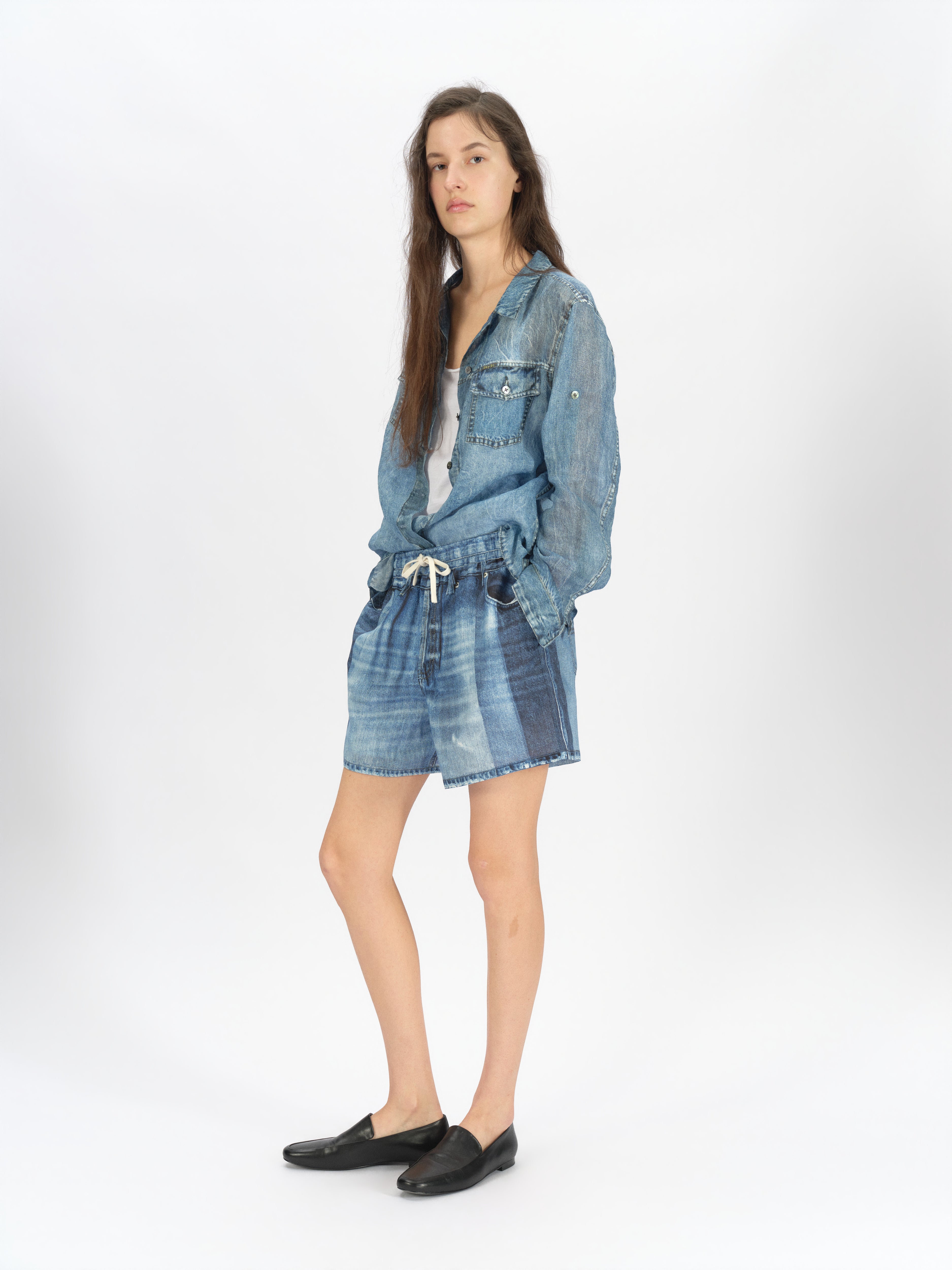Denim-Print Ramie Shorts