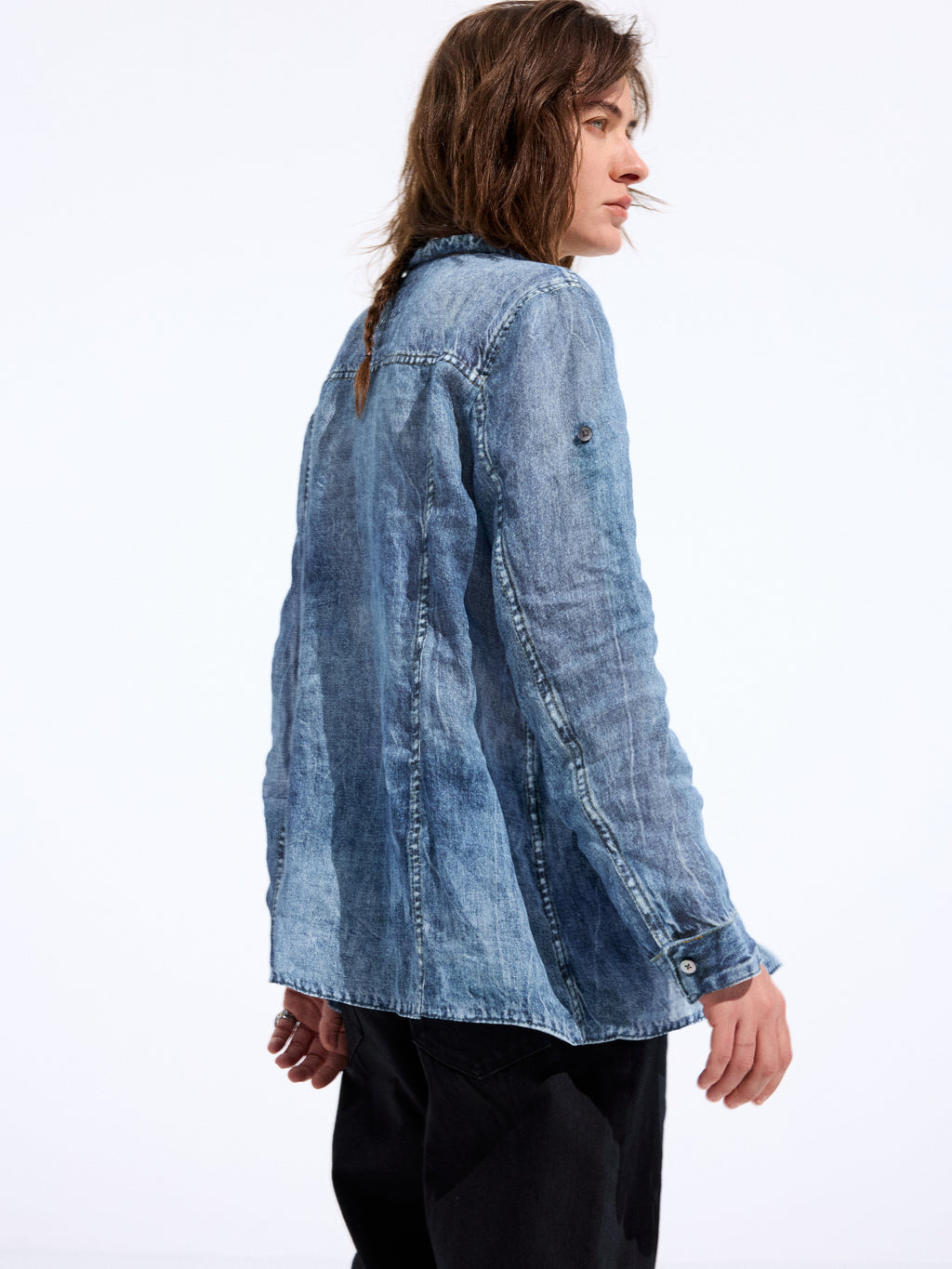 Longline Denim-Print Ramie Shirt