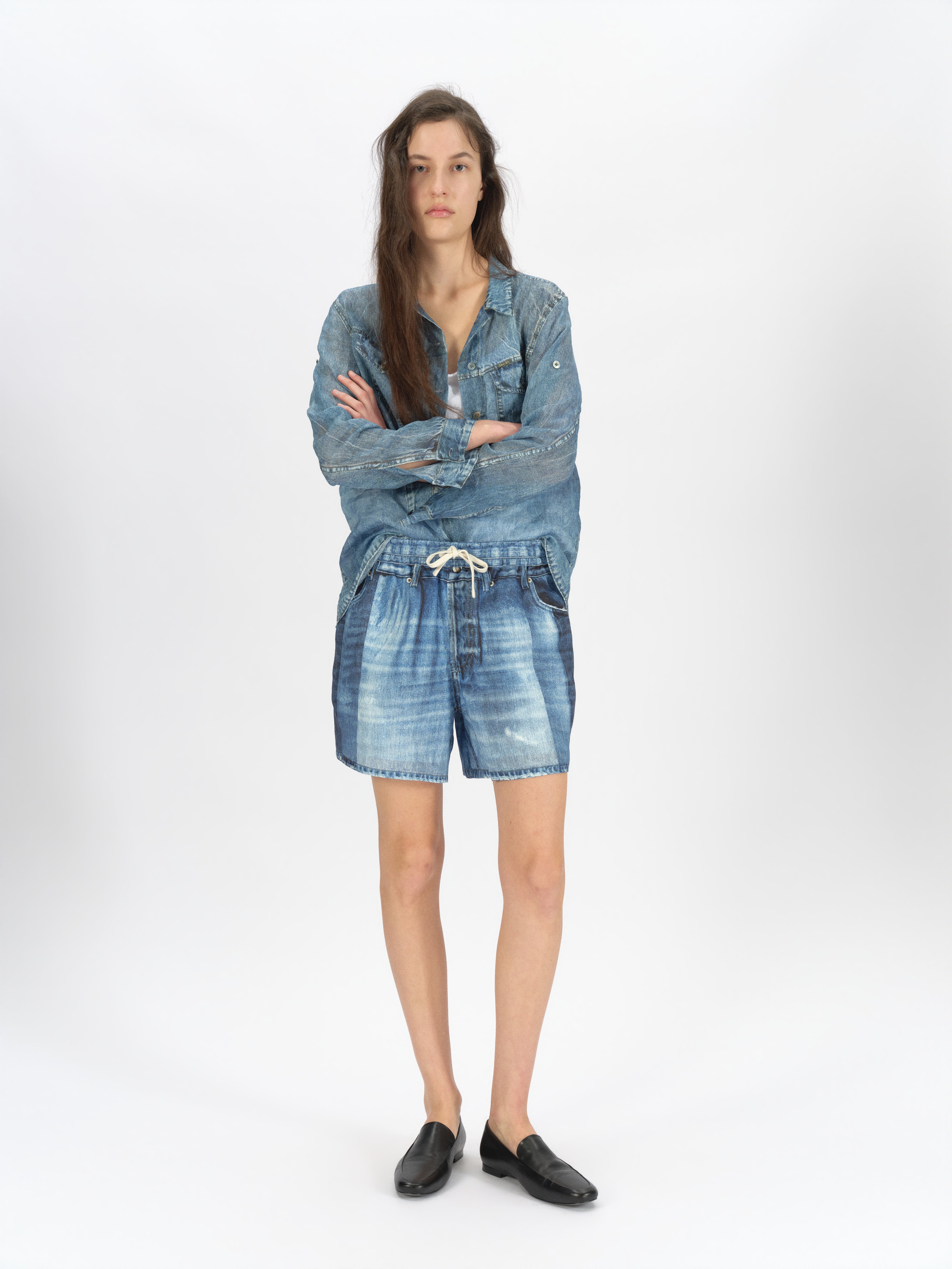 Denim-Print Ramie Shorts