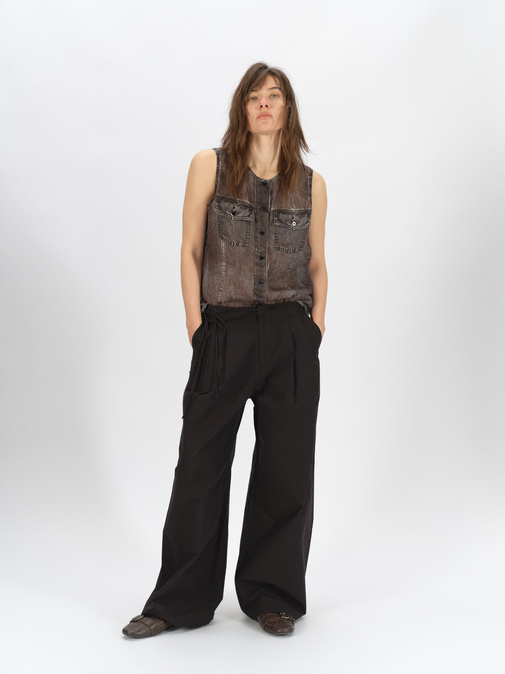 Bicolor-Belted Cotton Wide-Leg Pants