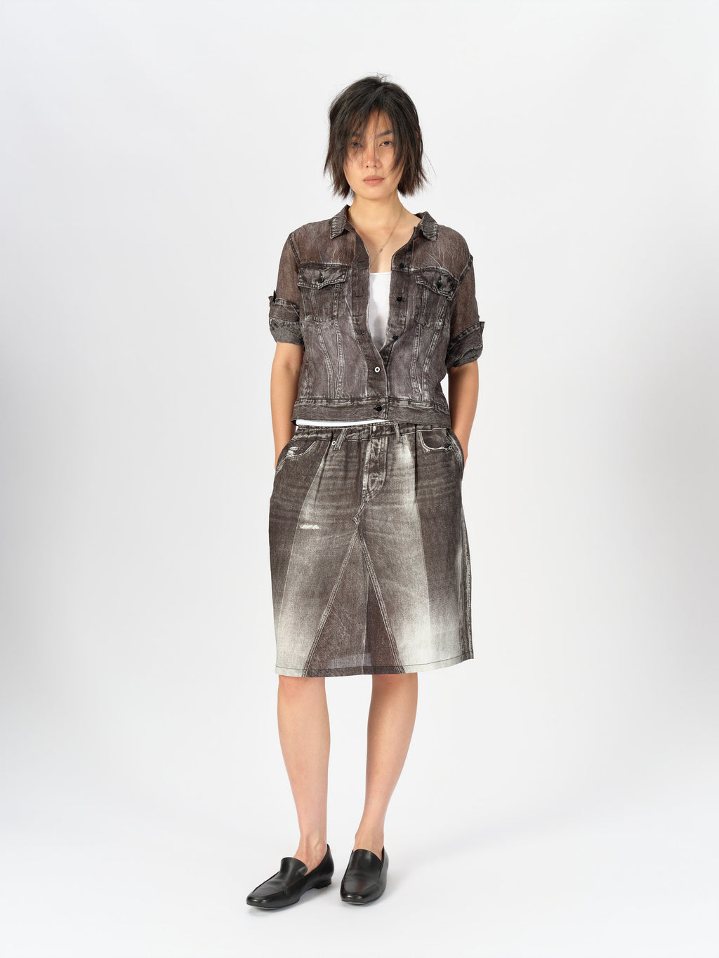 Denim-Print Ramie Midi Skirt