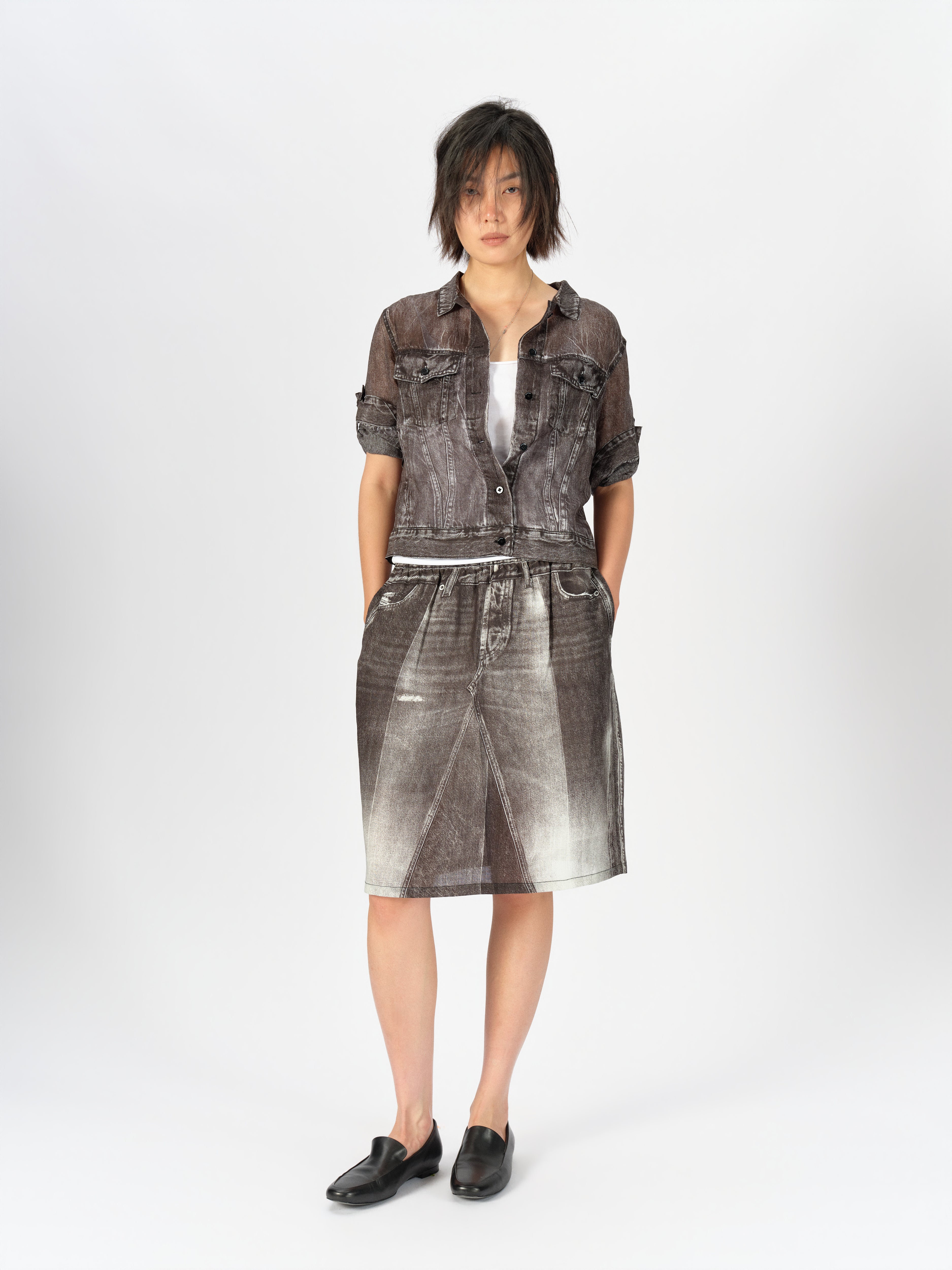 Denim-Print Ramie Midi Skirt