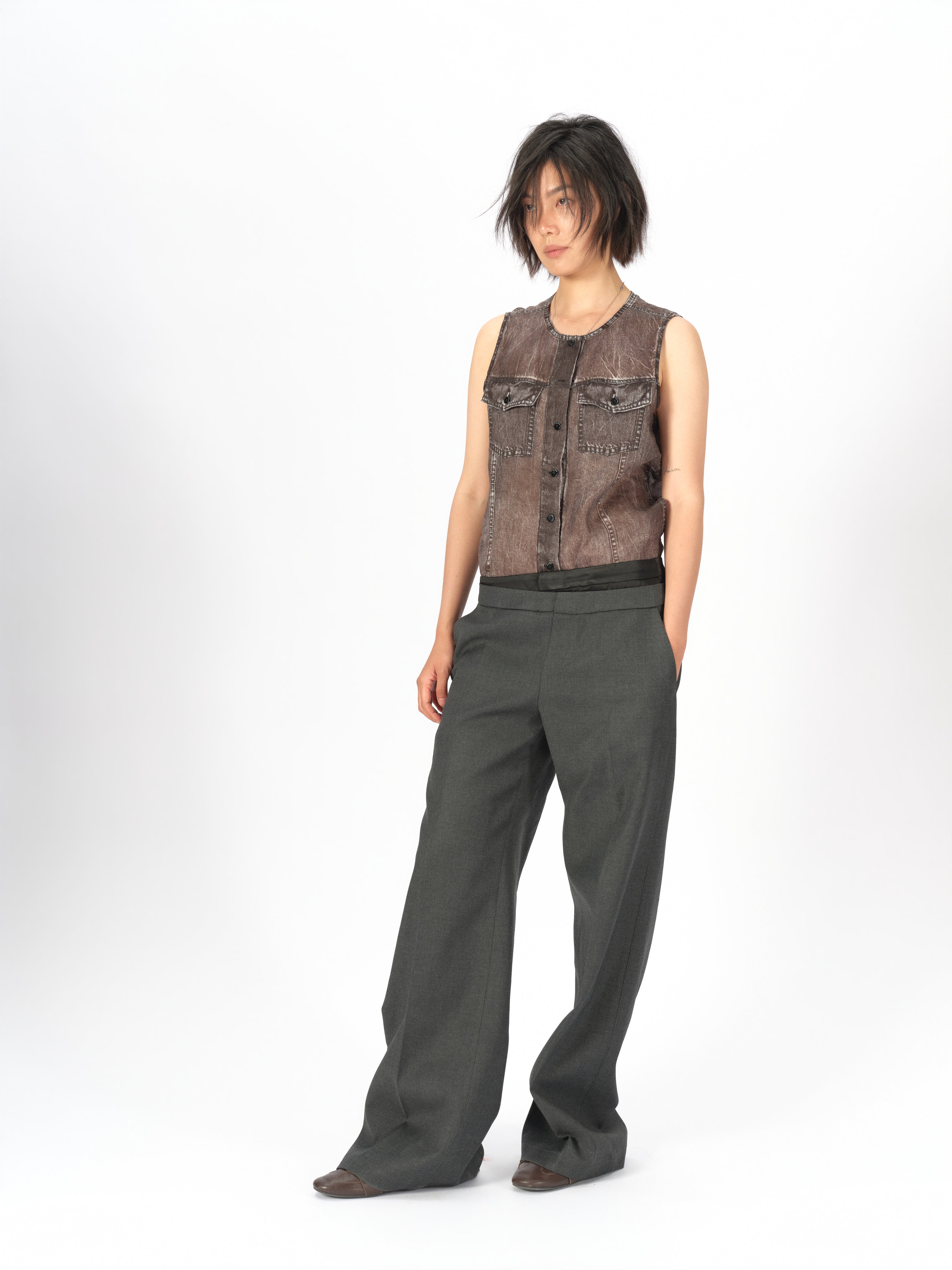 Longline Denim-Print Ramie Tank