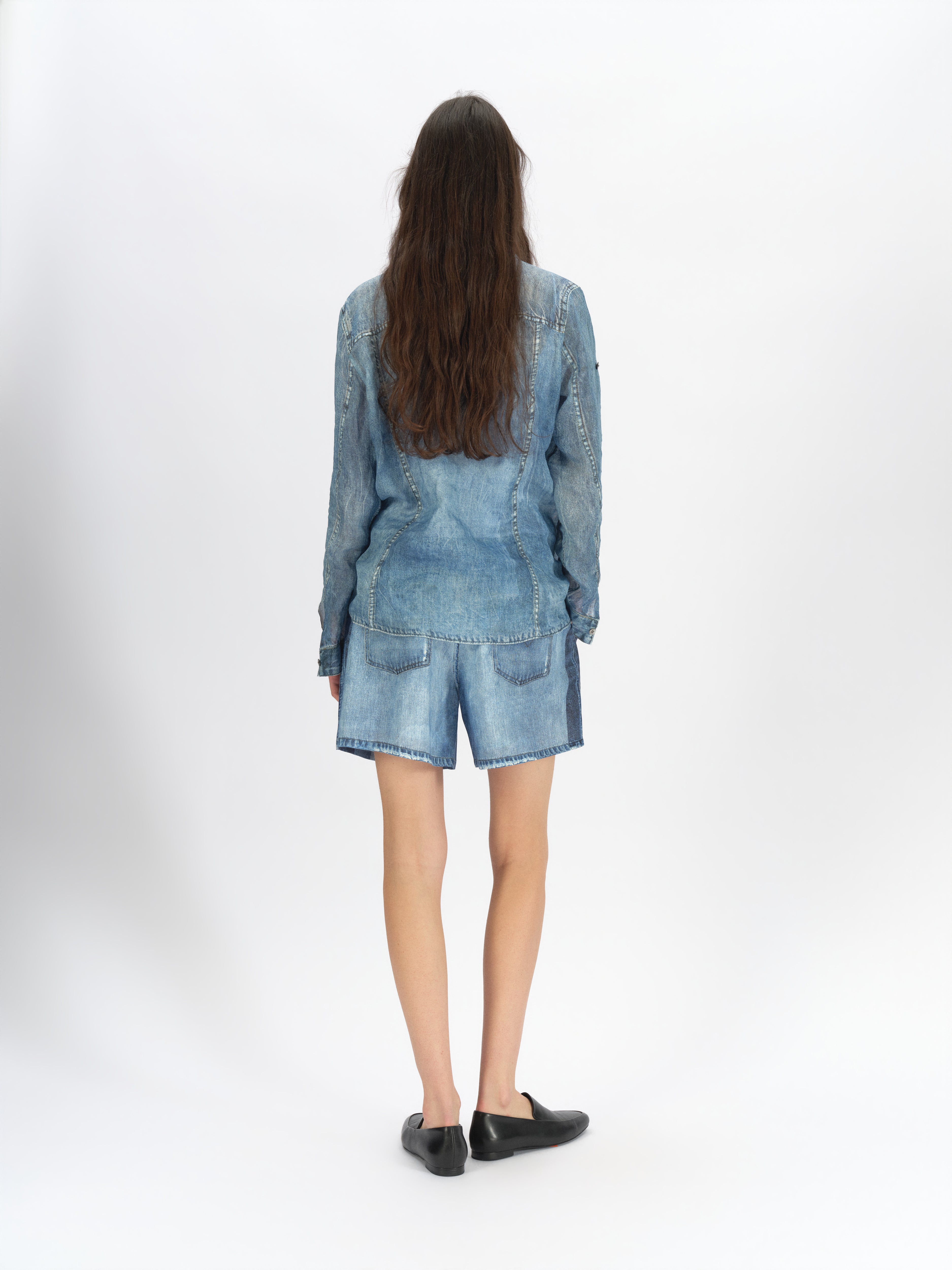Denim-Print Ramie Shorts